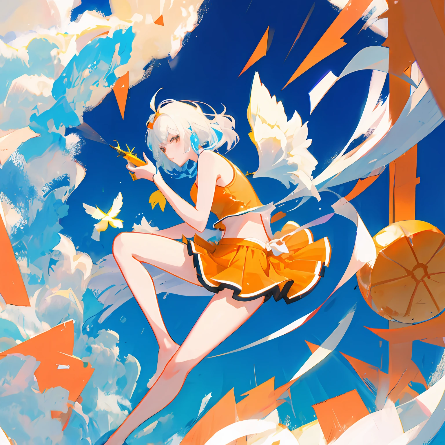 femele, short skirt, Orange swimsuit, White wings, short detailed hair, Fleshy legs