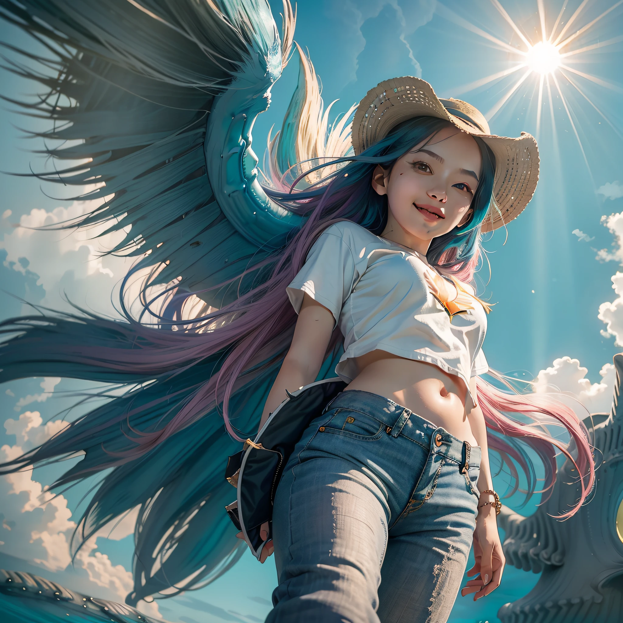 masterpiece, best quality, 1girl, solo, magenta hair, long hair, [pink] eyes, white theme, blue theme, white yellow T-shirt, super shorts pants, navel, (sky, sunlight, ocean, from below:2.36), standing, cowboy shot, 8k, UHD, HDR
(Masterpiece:1.5), (best quality 1.5), full head, full body and head, no hat, angel wings, sensual pose, smile
