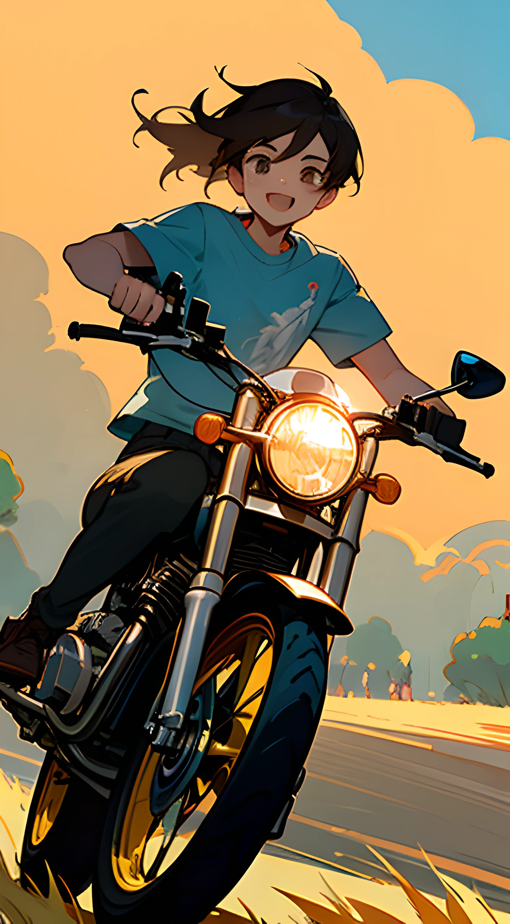 (high high quality)Motorcyclical(younge boy)Show on the(On wide meadows)swim,Wear a summer T-shirt,The direction of the ride is greeting(Brilliant sunshine),Behind him is(Vibrant garden)。