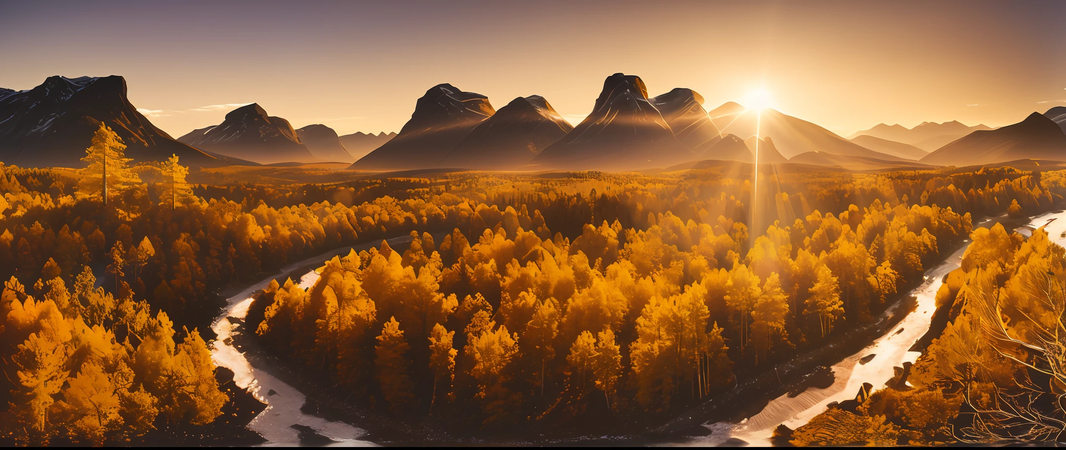 zori，rays of sunshine，coniferous forest，Landscape orientation，Mountains in the distance，Need