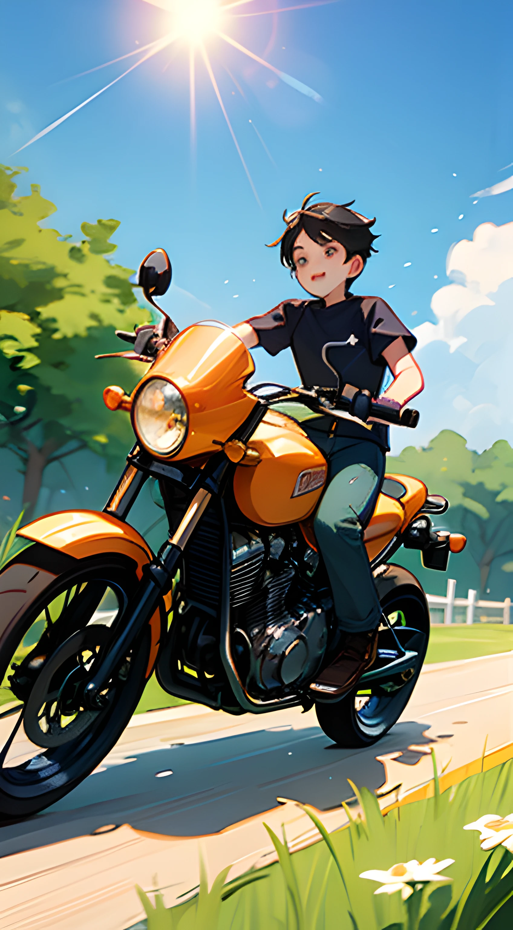 (high high quality)Motorcyclical(younge boy)Show on the(On wide meadows)swim,Wear a summer T-shirt,The direction of the ride is greeting(Brilliant sunshine),Behind him is(Vibrant garden)。