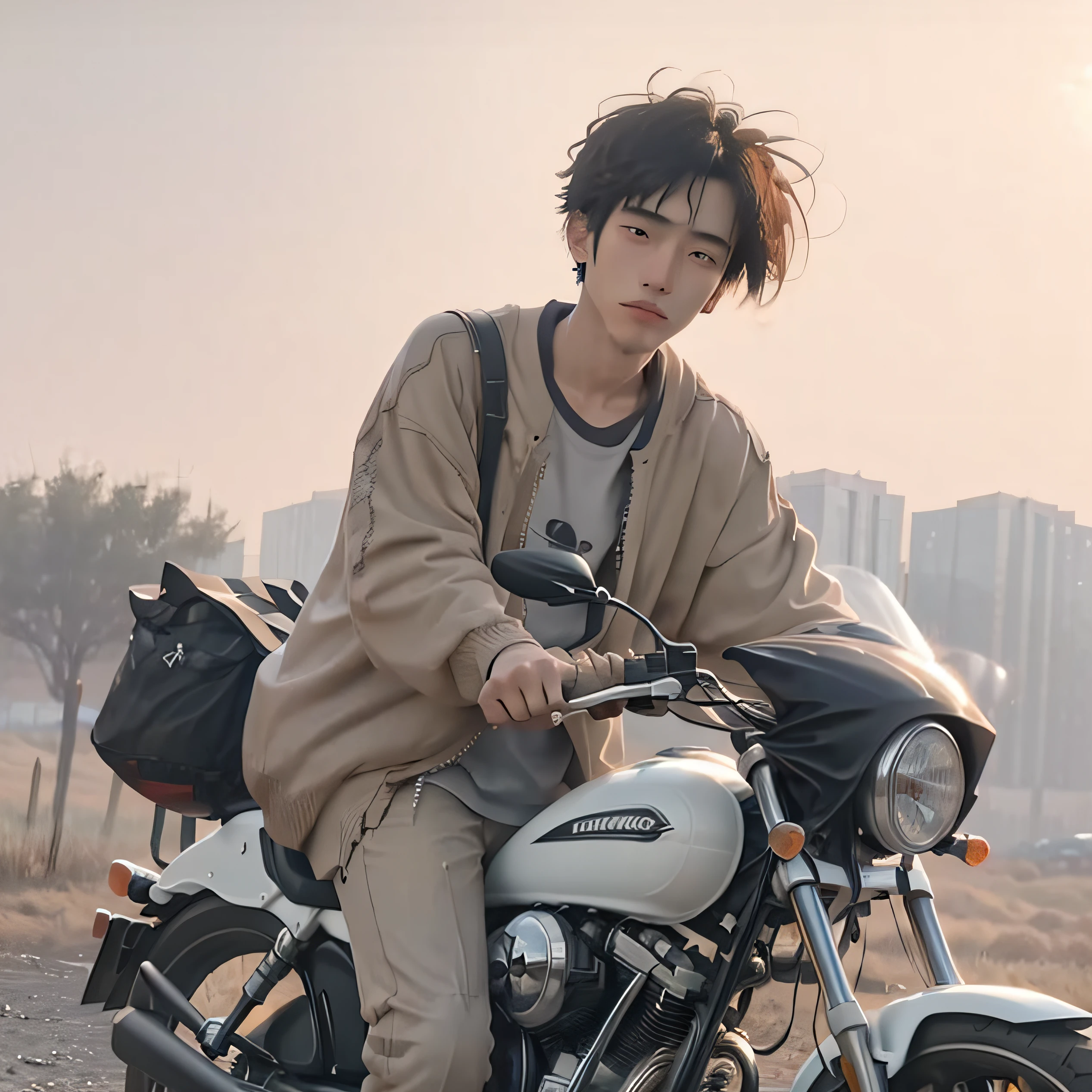 Handsome boy,depressive,smokes,Countryside,the motorcycle,dragonfly,butterflys。