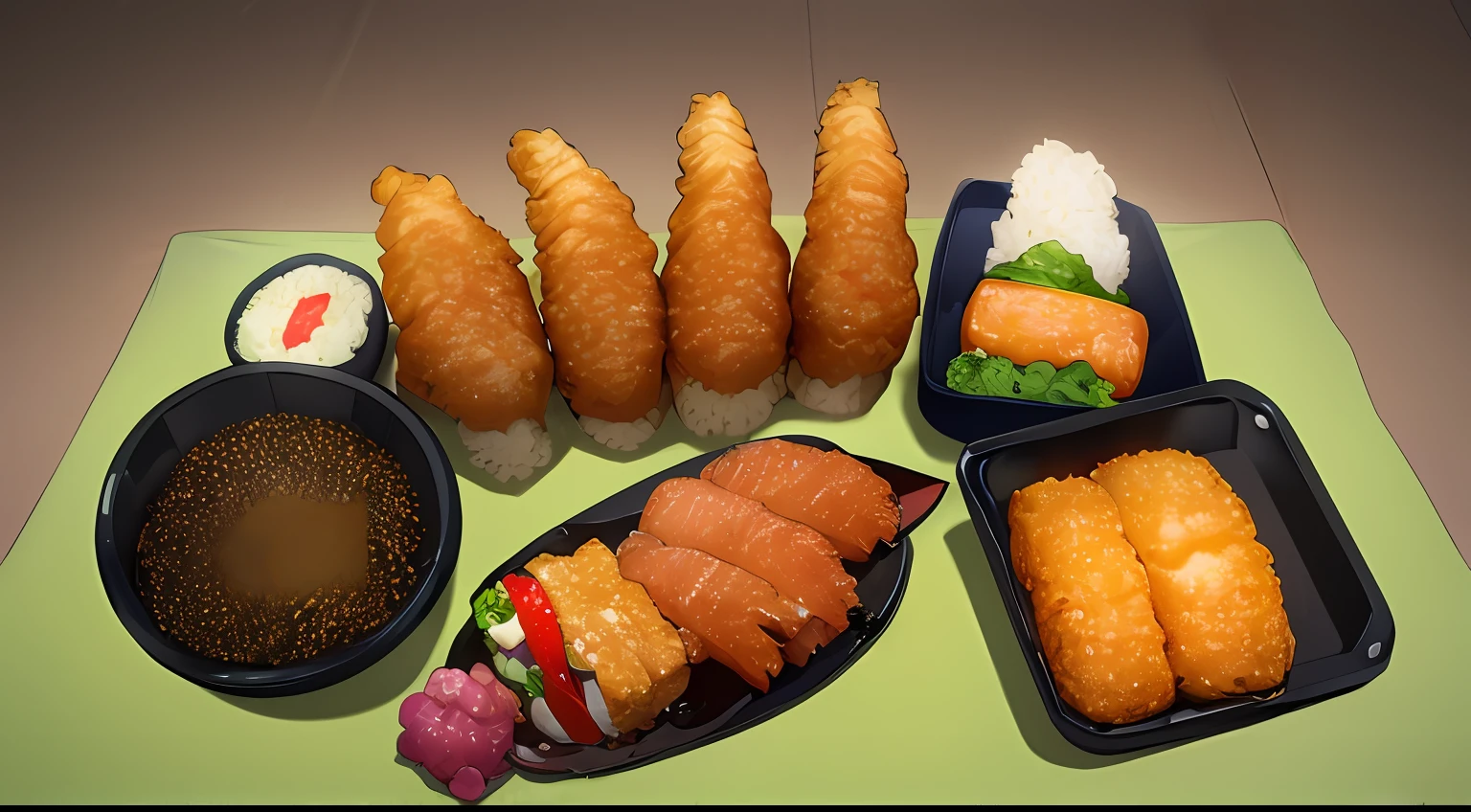 ((best quality)), ((masterpiece)), (detailed), ultra detailed,
no_humans, food_focus, food, rice, shrimp, yellow_background, fish, bento, still_life, tempura, omelet, sushi, vegetable, meat