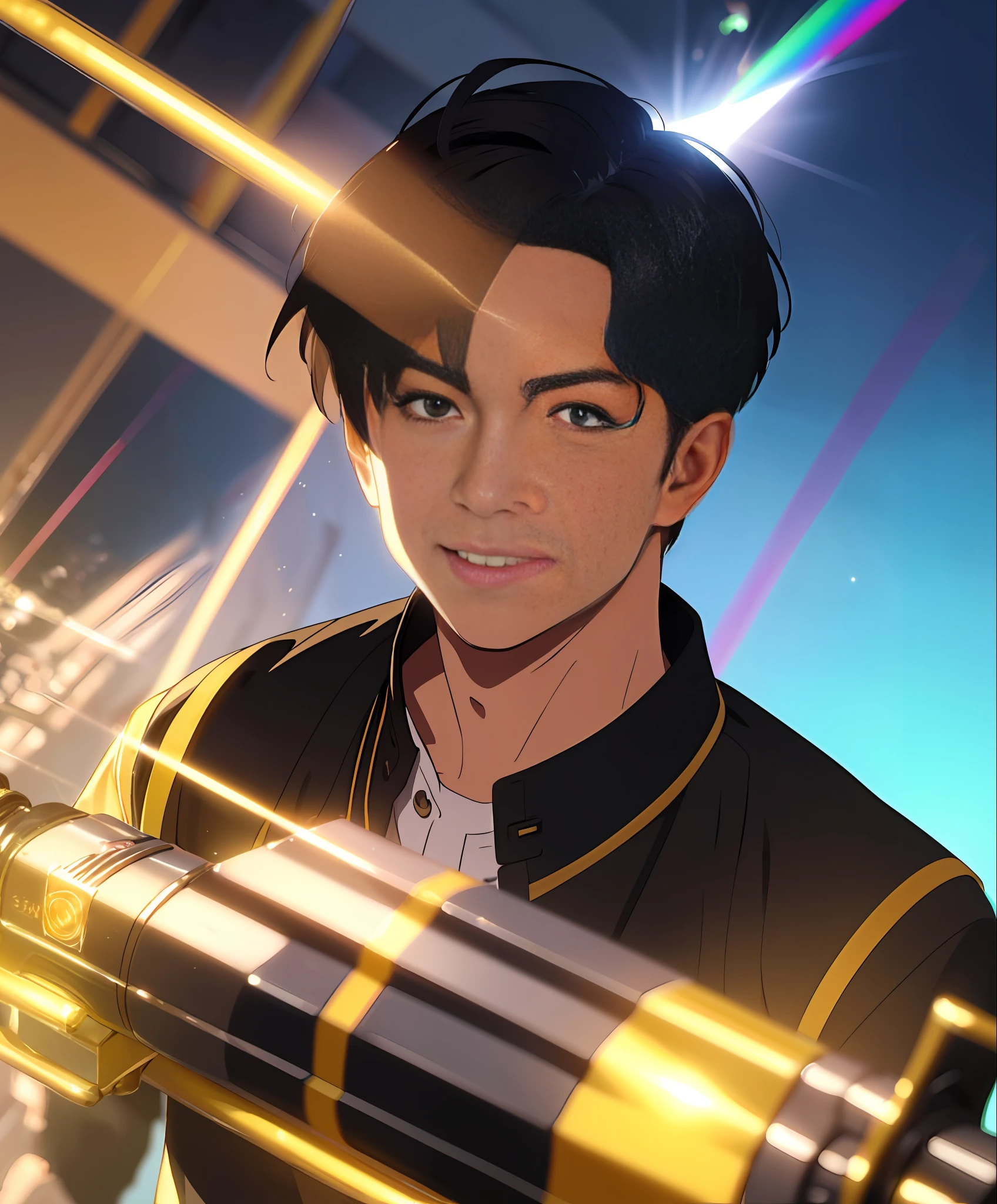 (k hd, Extreme clarity, The best quality),Zhu Xuanhao, handsome and dashing, Hand-held props, Smile confidently, the Sun Shining, multicolored background, Vivid colors, Highlight light and shadow effects, The details are outstanding, Tough and clear,in good spirits。 --auto