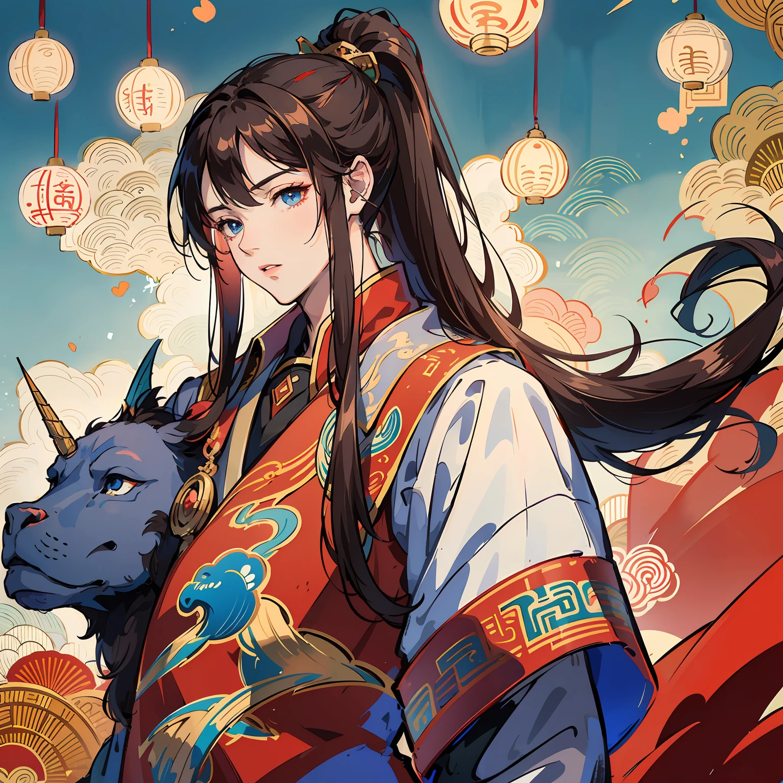 brunette color hair，blackigeyes，divino，ember，chinese ancient costume，Royal blue robe，pretty --auto