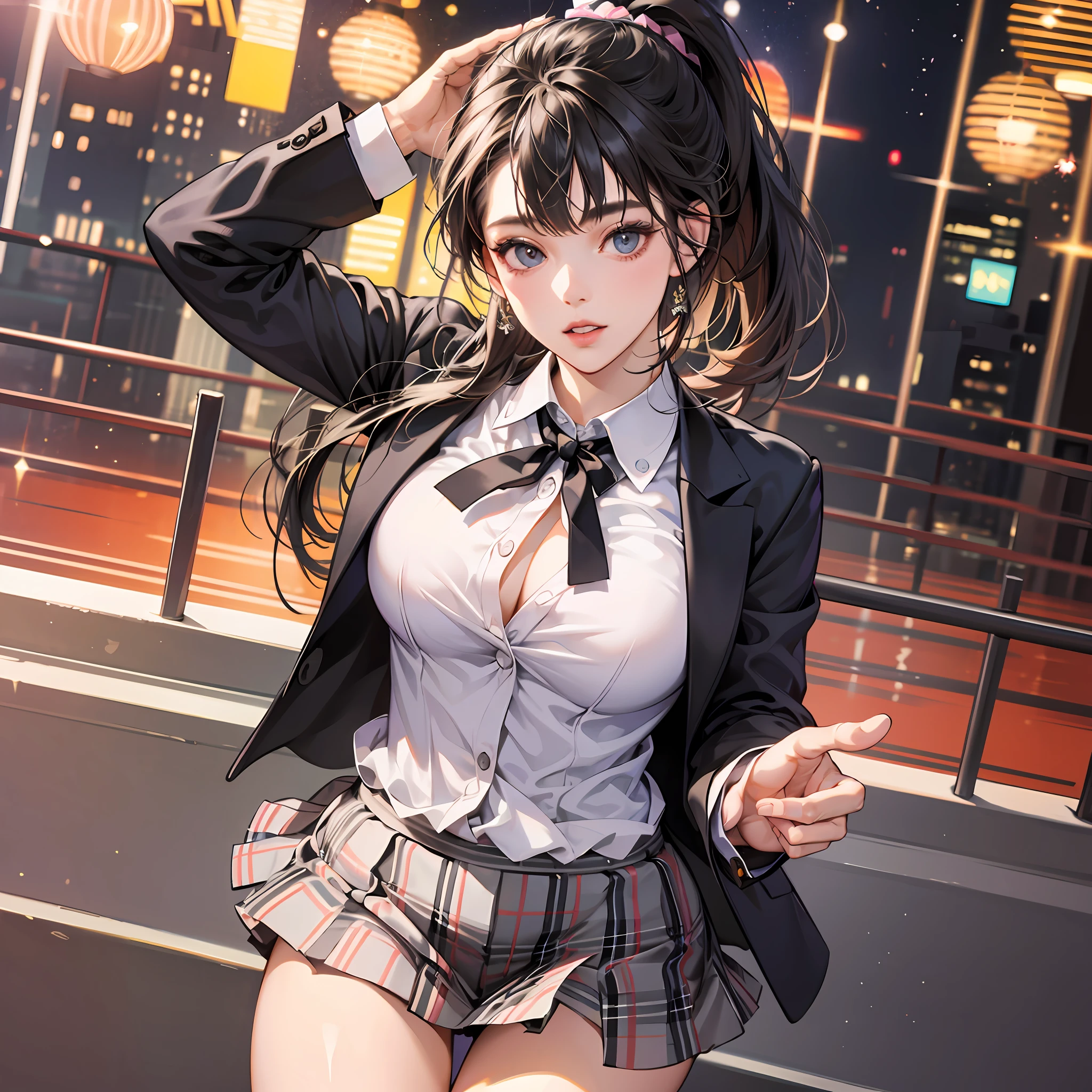 best qualtiy， tmasterpiece， 1girll， beauitful face， （photograph realistic：1.3）， edge lit， （highdetailskin：1.2）， 8K Ultra HD， digital SLR camera， high high quality， A high resolution， 4K， 8K， Bokeh， absurderes， Optimal proportions of four fingers and one thumb， （realisticlying：1.3）， Cute 1girl， Wearing a black formal blazer， mediuml breasts， short  skirt， ，High ponytail，figure eight bangs --auto