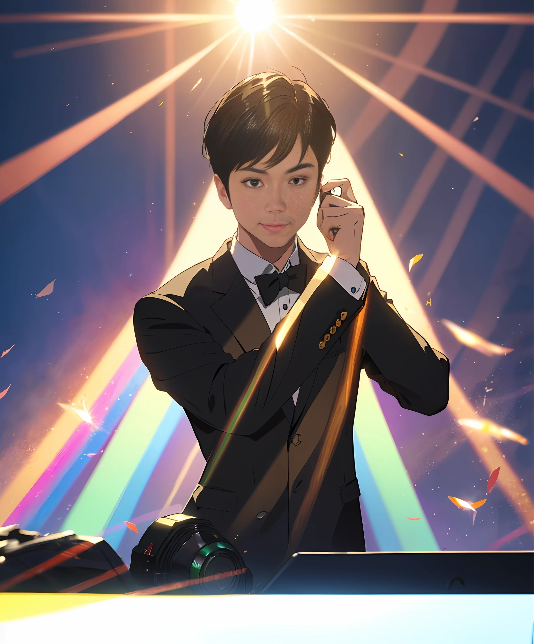 (k hd, Extreme clarity, The best quality),Zhu Xuanhao, handsome and dashing, Hand-held props, Smile confidently, the Sun Shining, multicolored background, Vivid colors, Highlight light and shadow effects, The details are outstanding, Tough and clear,in good spirits。 --auto