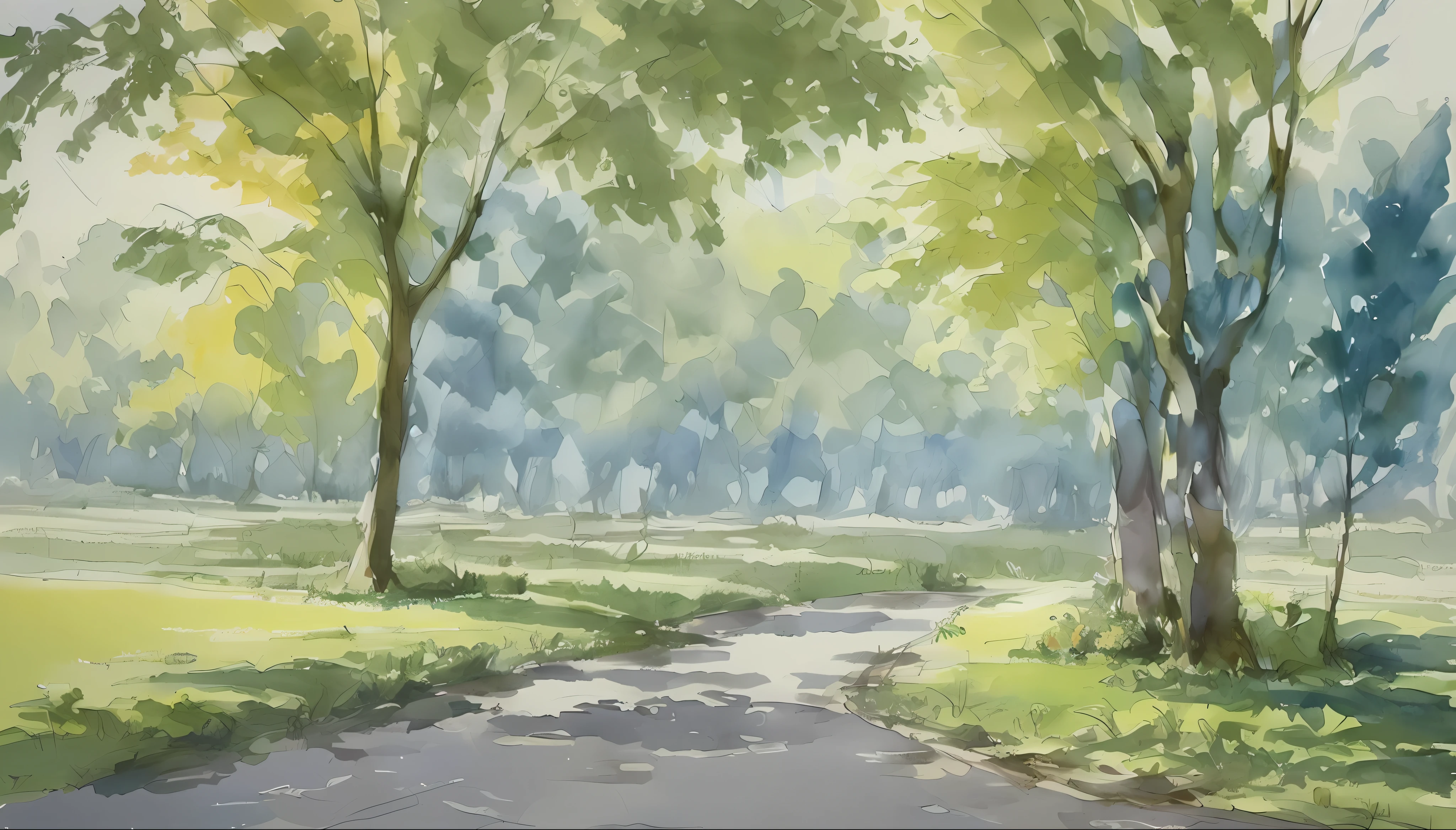 Ilya Viktorovich Ibryaev, famous Russian watercolor painter, aquarelle painting, Tyndall effect, aquarelle painting, China Rural Road, the trees, cloudy sky, ombre, saturated colors
