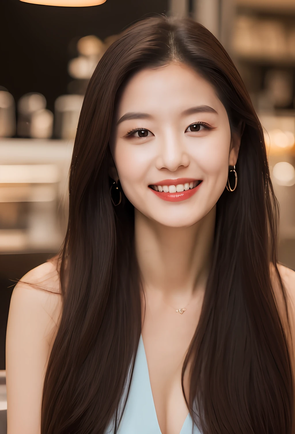 (8k, Best Quality, Masterpiece: 1.2), (Realistic, Realistic: 1.37), Super Detail, 1 Girl, Cute, Single, Midnight, Exquisite Sky, Detailed Cafe, Sitting, Dating, ( red nose), (smile: 1.15), (shut up) small breasts, pretty eyes, flowing hair novaFrogStyle, halter top