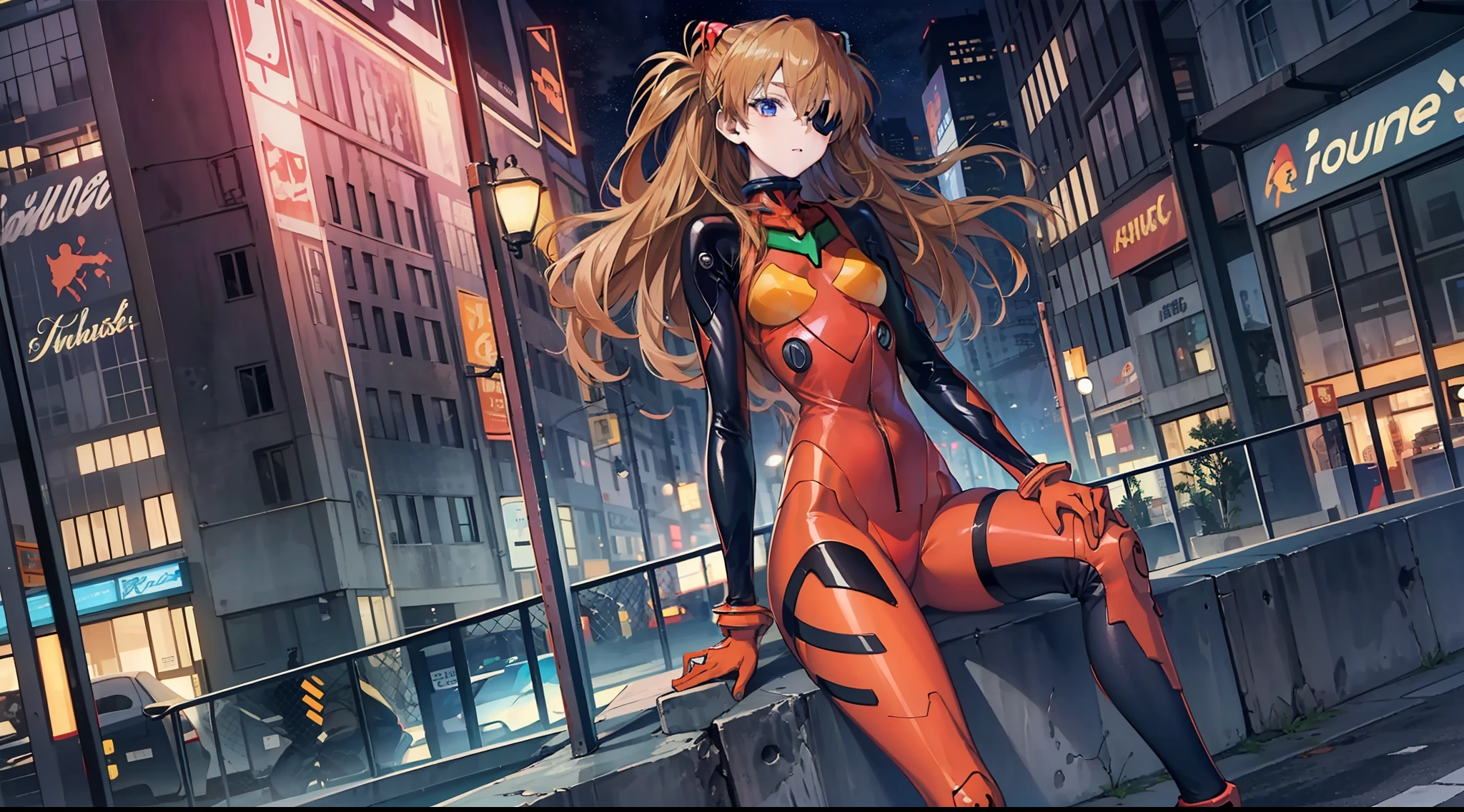 ((masterpiece,best quality, detailed)), full body, night, cityscape, souryuu asuka langley, interface headset, multicolored bodysuit, eyepatch