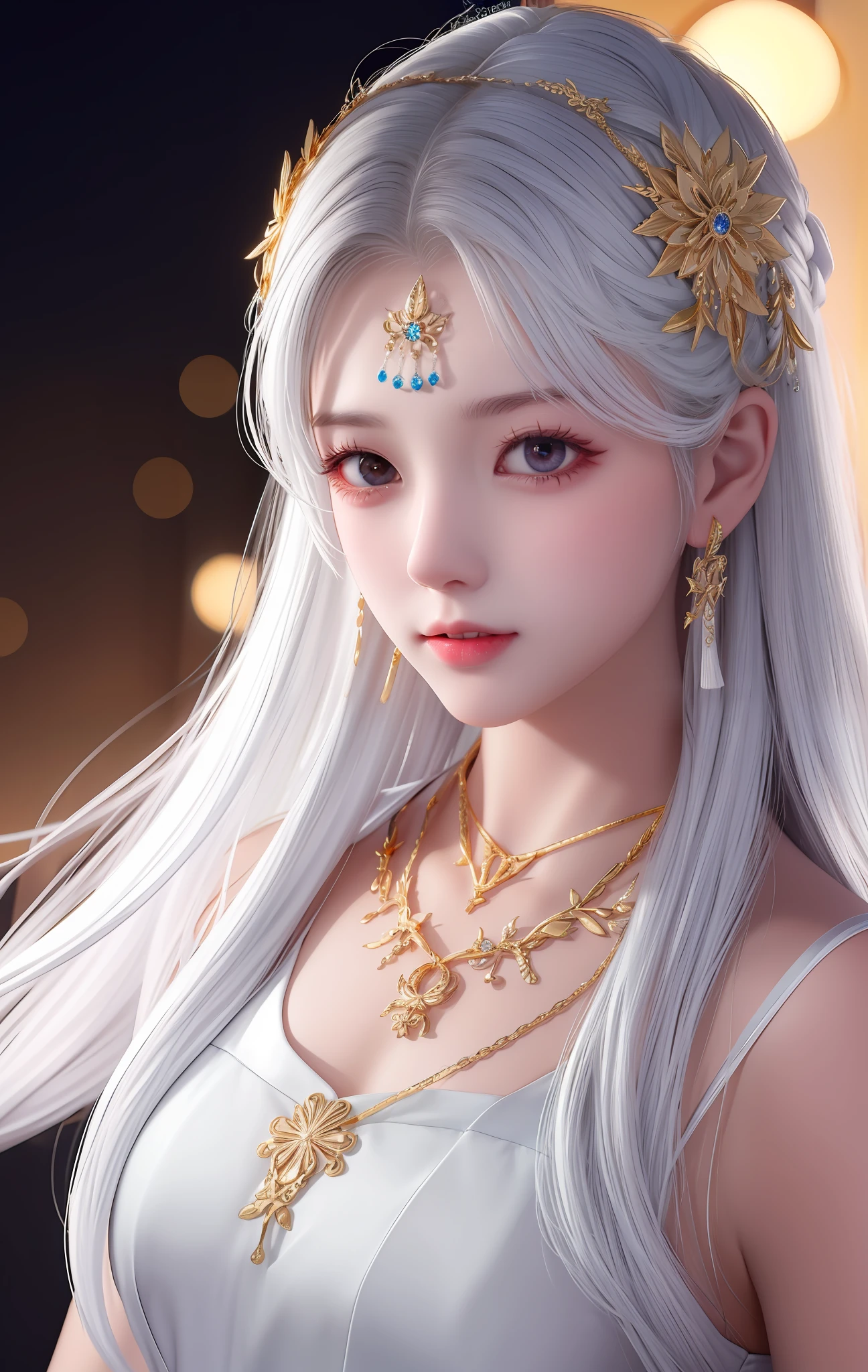 best quality, masterpiece,white hair, gold eyes,white clothes, looking up, upper body,hair strand,Fair skin,side braids