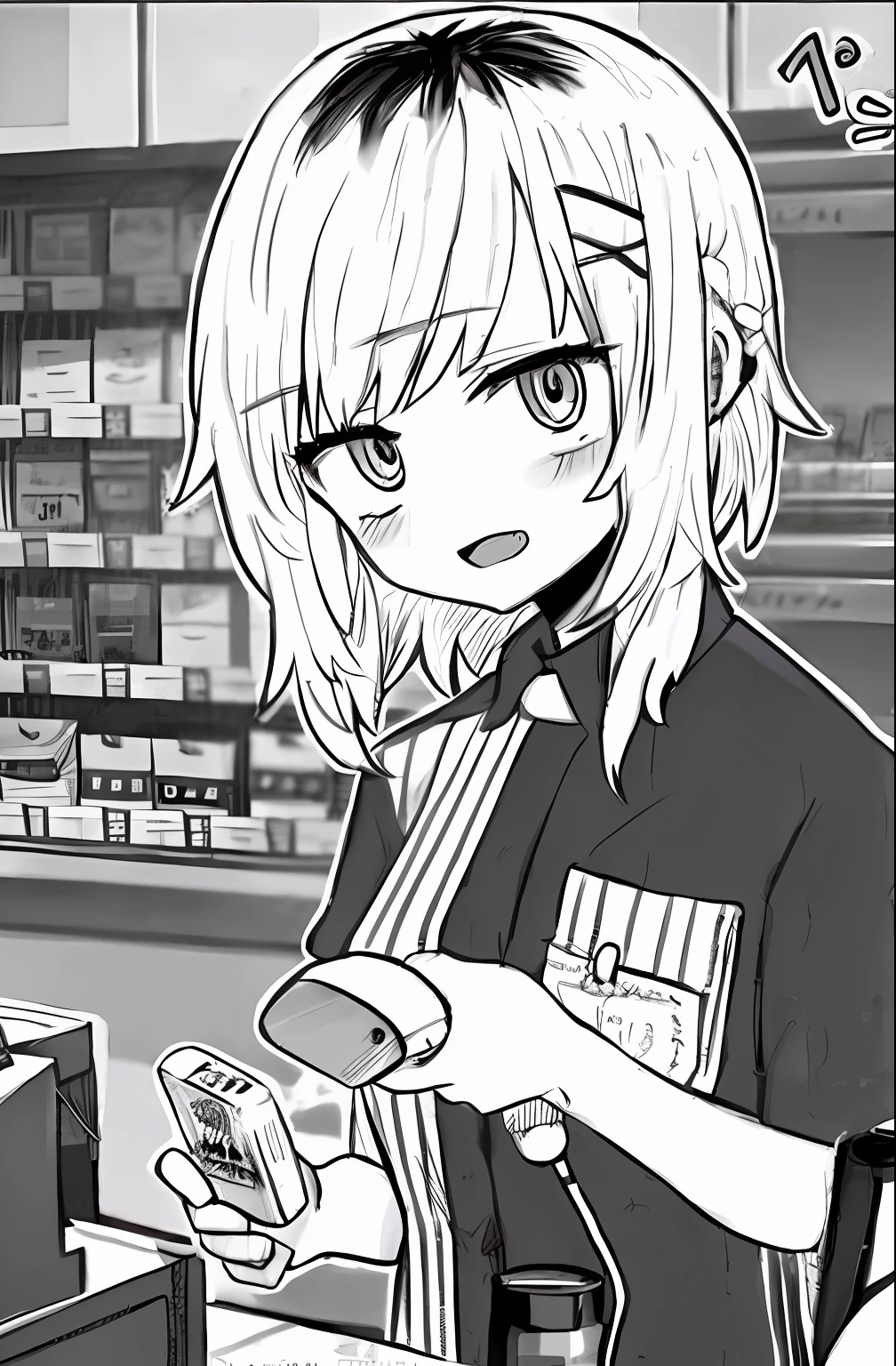 Anime girl in store with a bottle of beer and a cell phone, black and white manga style, akane owari danganronpa, Black and white comics, chiaki nanami from danganronpa, lofi-girl, black and white manga panel, convenience store, At the counter, Loli, rei hiroe, gapmoe yandere