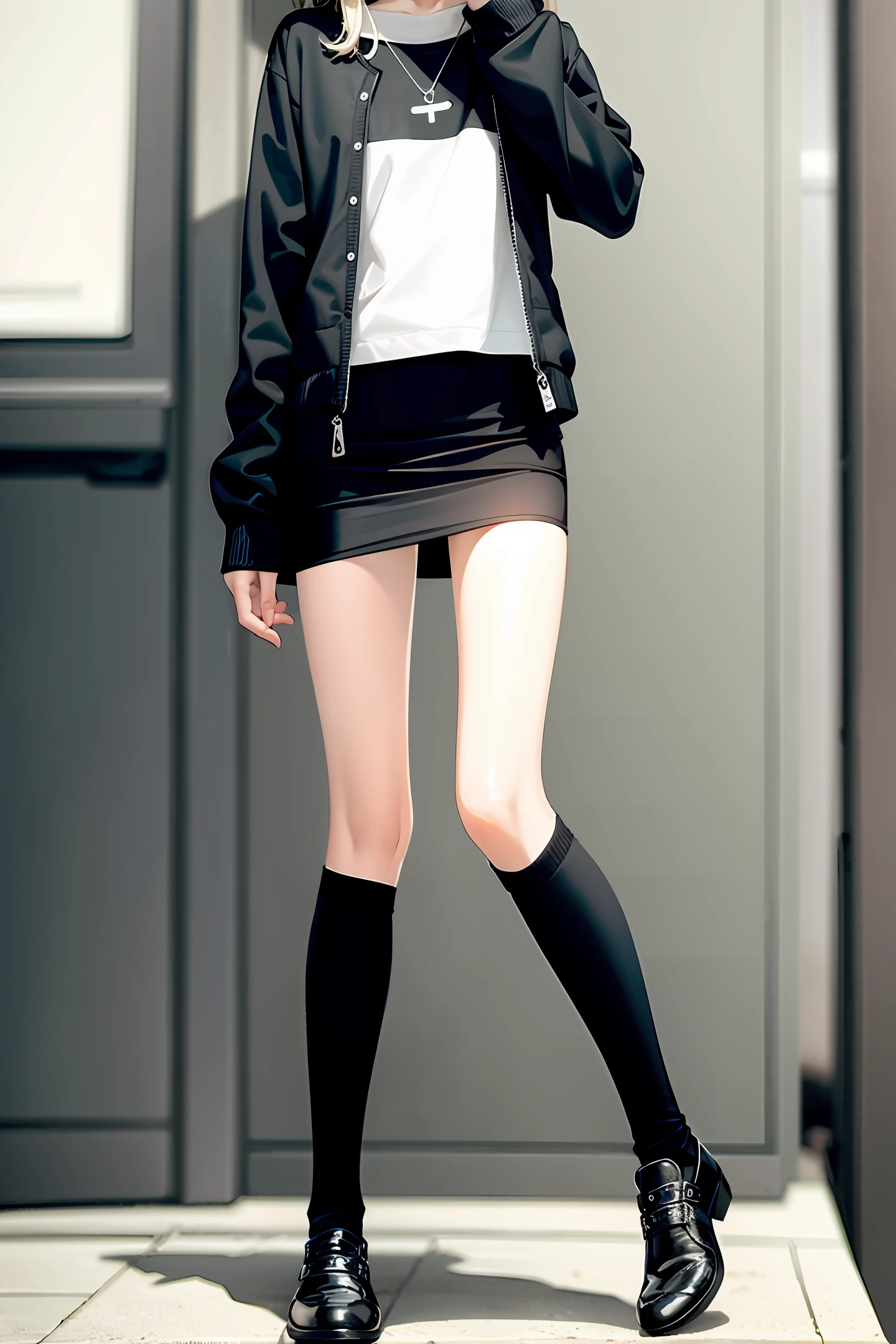 white skinned，Black long straight，JK black over-the-knee socks