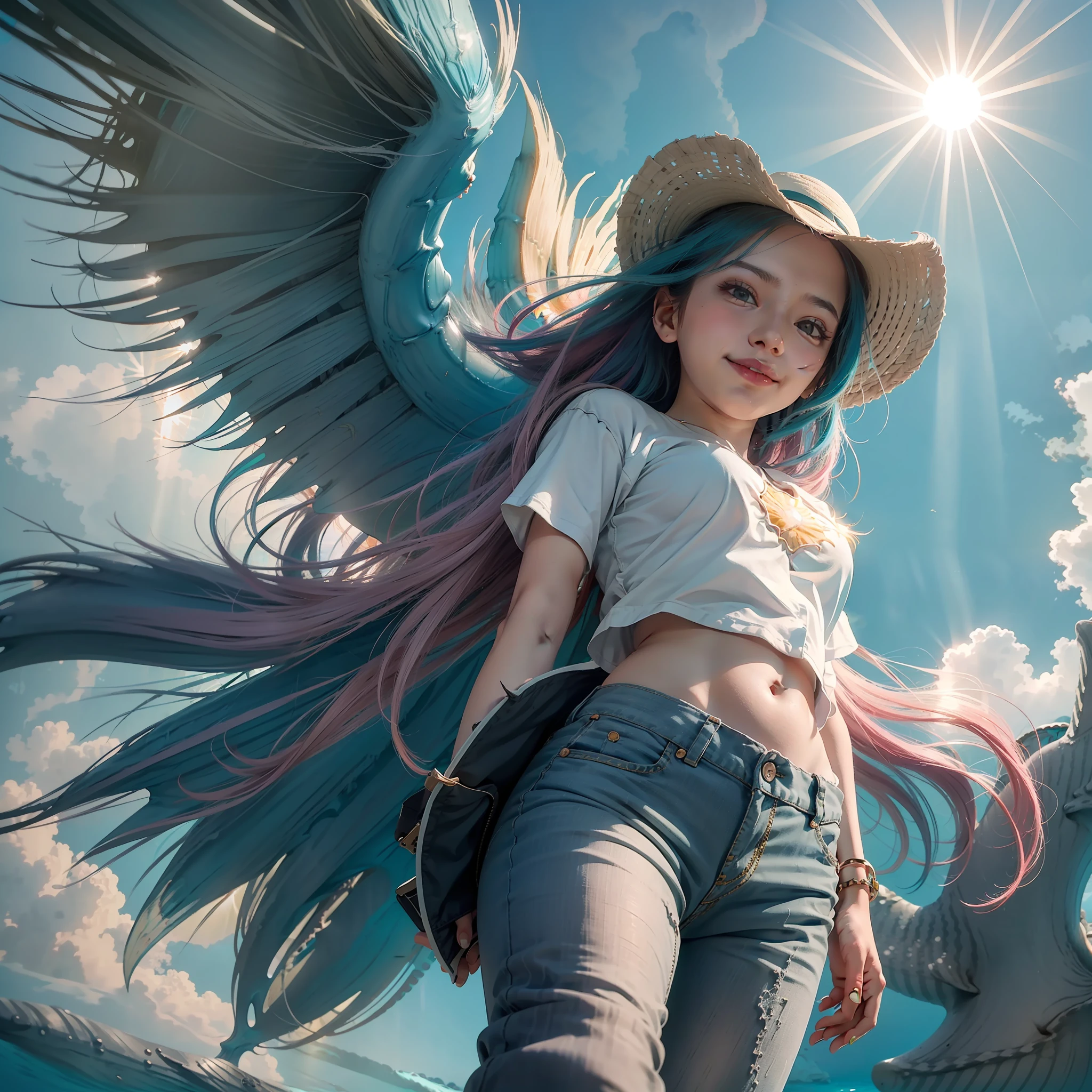 masterpiece, best quality, 1girl, solo, magenta hair, long hair, [pink] eyes, white theme, blue theme, white yellow T-shirt, super shorts pants, navel, (sky, sunlight, ocean, from below:2.36), standing, cowboy shot, 8k, UHD, HDR
(Masterpiece:1.5), (best quality 1.5), full head, full body and head, no hat, angel wings, sensual pose, smile