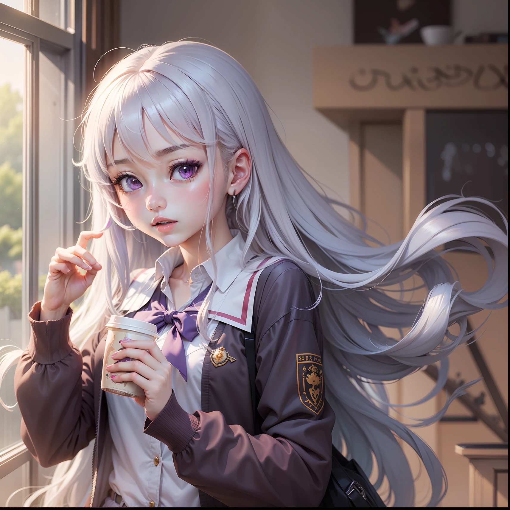 Anime girl with long white hair and purple eyes in school uniform, anime best girl, anime moe art style, anime visual of a cute girl, Beautiful Anime High School Girls, nagatoro, female anime character, up of young anime girl, extremely cute anime girl face, as an anime character, anime figure, Anime girl with long hair Handsome royal sister