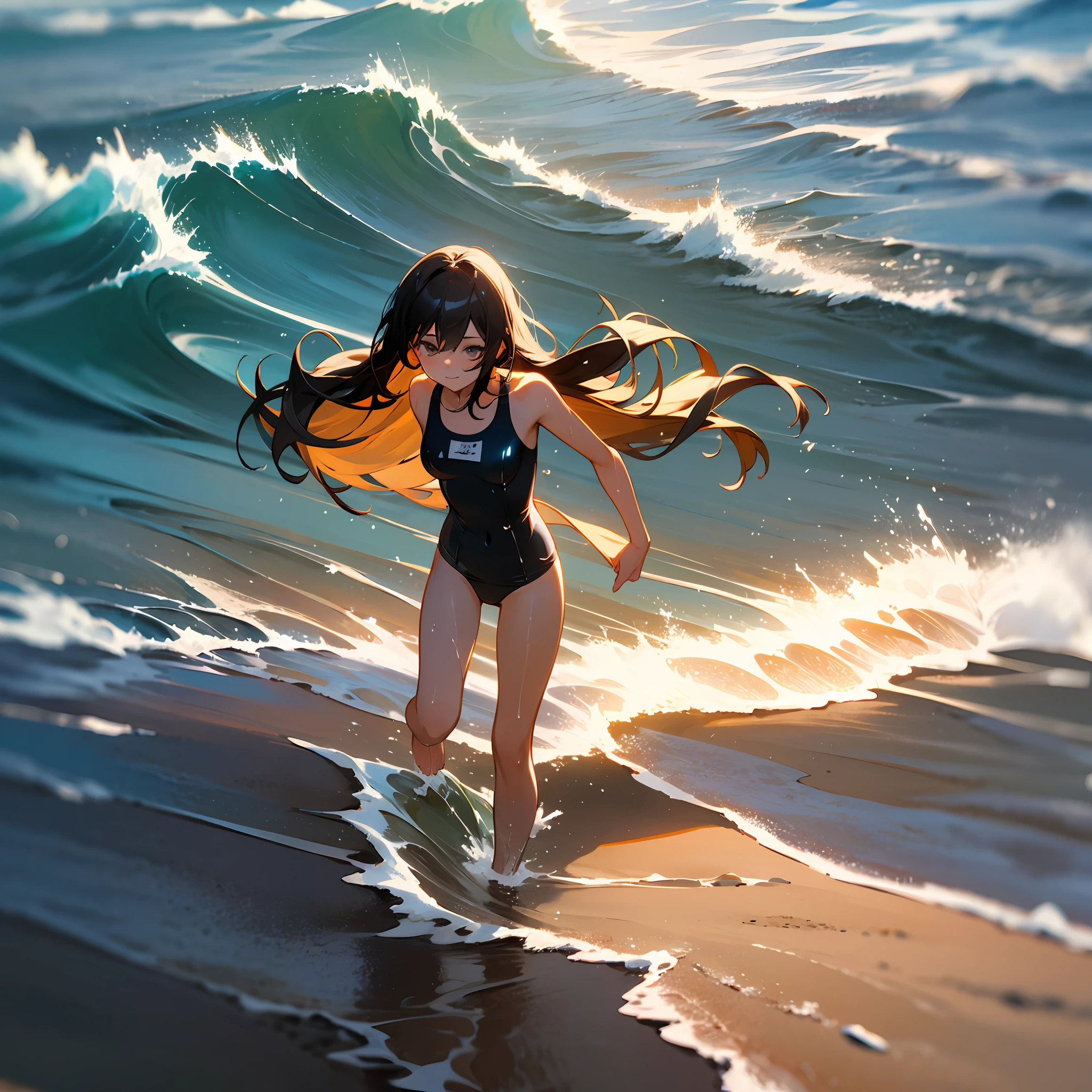 black swimsuit,Long-haired girl,waves crashing,Wet sandy beach with wet waves,Beautiful shells on the beach,and the sun was shining brightly,naturey,Cinematic lens effects。 --auto