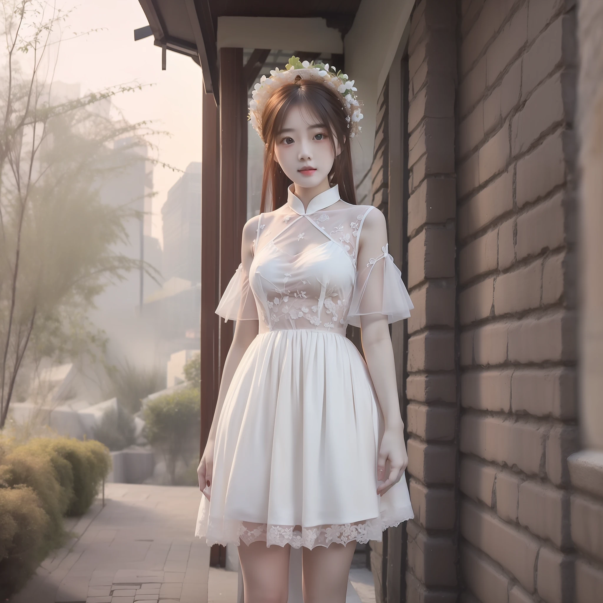 best qualityer,Masterpiece white dress,Chinese brunette girl,18yr old,White Skin Skin,A half body,Surrounded by gardens。