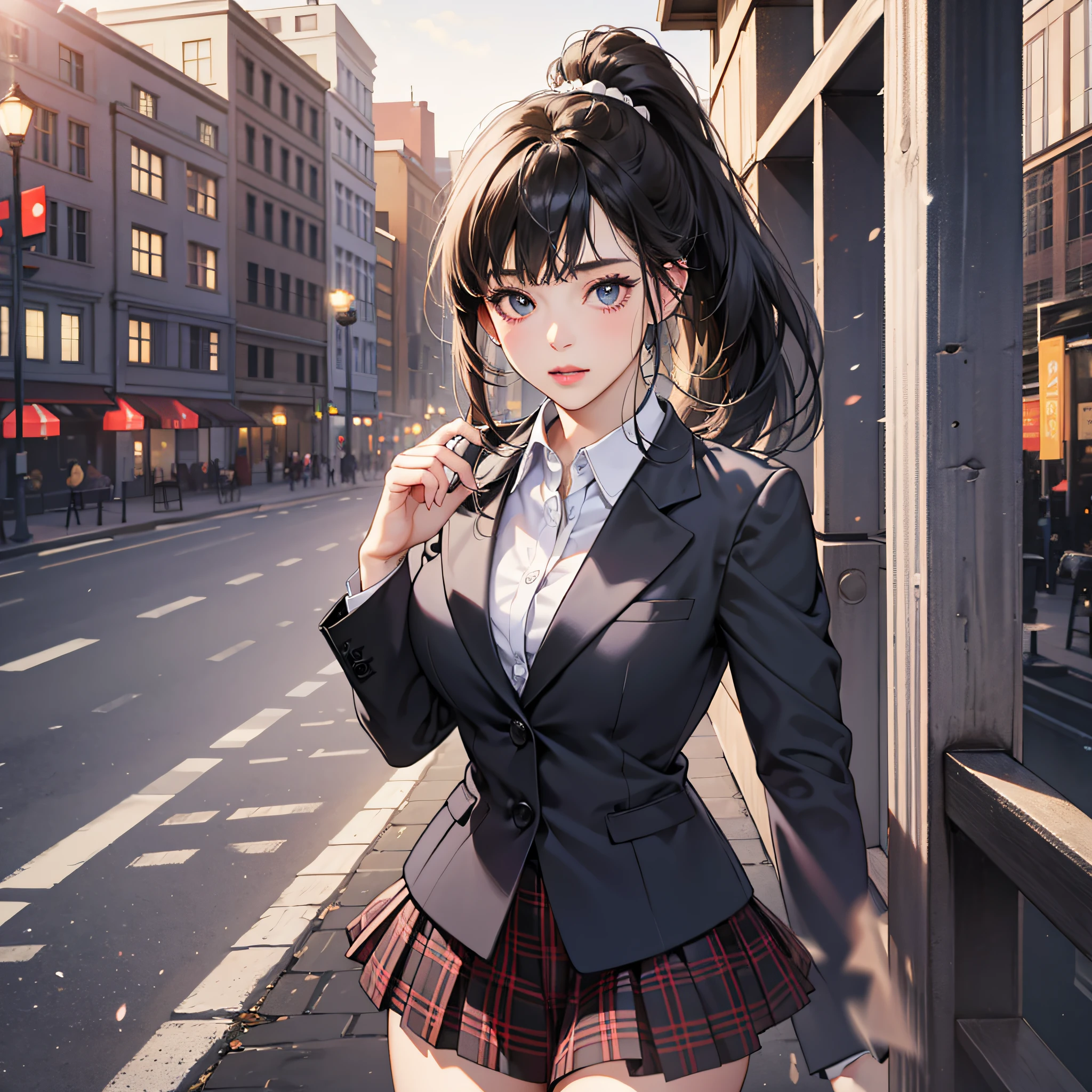 best qualtiy， tmasterpiece， 1girll， beauitful face， （photograph realistic：1.3）， edge lit， （highdetailskin：1.2）， 8K  UHD， digital SLR camera， high high quality， A high resolution， 4K， 8K， Bokeh， absurderes， Optimal proportions of four fingers and one thumb， （realisticlying：1.3）， Cute 1girl， Wearing a black formal blazer， mediuml breasts， short  skirt， ，High ponytail，figure eight bangs --auto