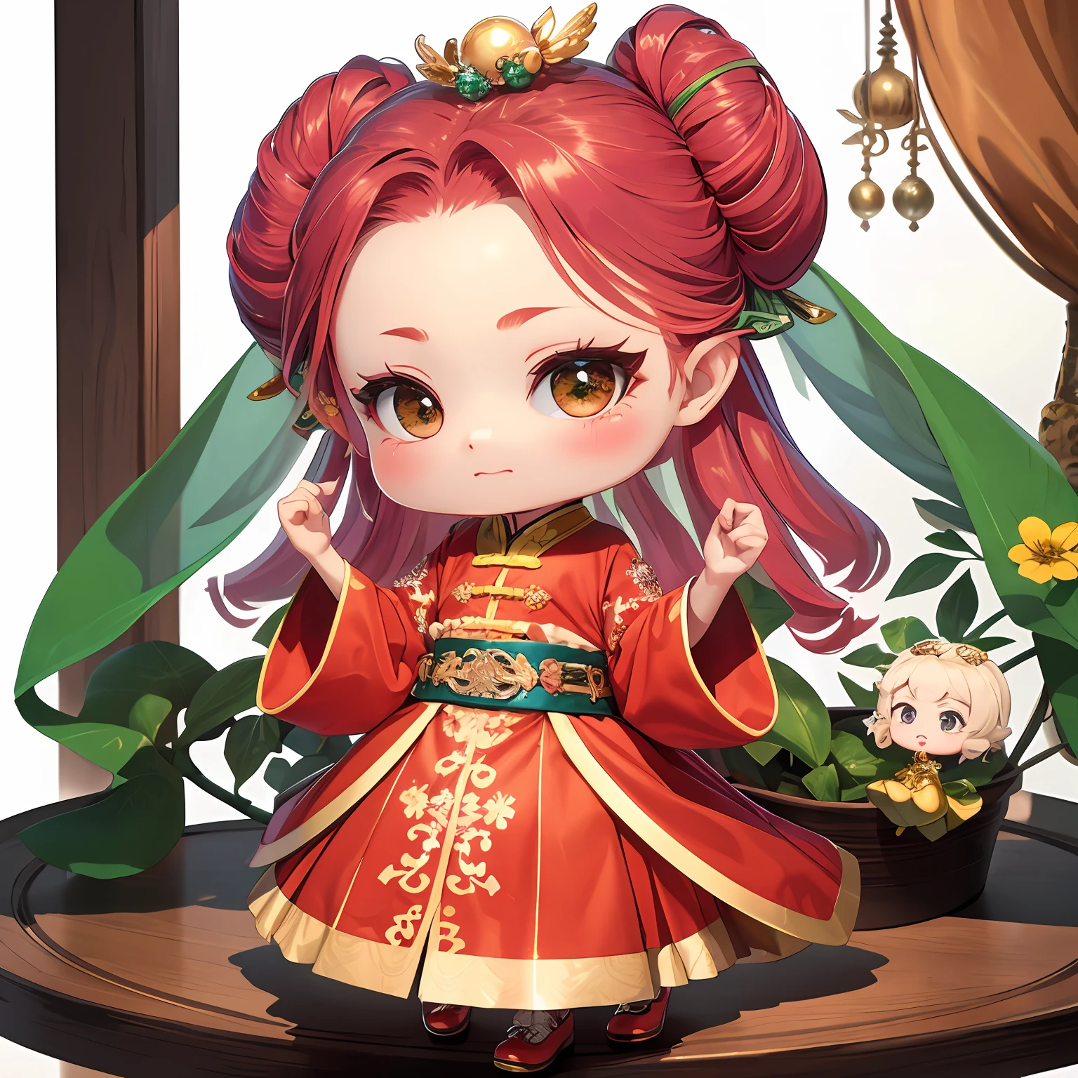 Emerald robes,Gorgeous dressing,Danxin wonderful dance,Splendid red flowers,Pray respectfully,The top is made of red silk,The blouse features a wide-sleeved design common to Han dynasty women,The placket and cuffs are trimmed with gold and silver,Show a sense of gorgeousness,The neckline and cuffs are embroidered with a delicate floral bird pattern,Auspicious prosperity,The belt and waist skirt belt are woven with gold or silver thread,Set with pearls or precious stones,Highlight women's curvy beauty,The waist skirt is made of silk fabric,The colors are vivid and rich,It is embroidered with auspicious motifs,Flower and bird pattern,Moire,Shoes choose embroidered shoes embroidered with gold thread and pearls,The upper is made of satin or silk material,Decorated with delicate floral ornaments and metal ornaments,Women's elegance and luxury