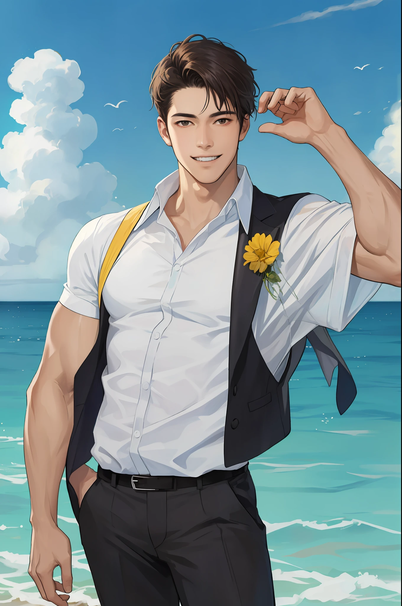 masterpiece, best quality, realistic, 1man, male focus, tall muscular, handsome, smile, closed mouth, suit, portrait, extremely detailed face, ocean,summer
