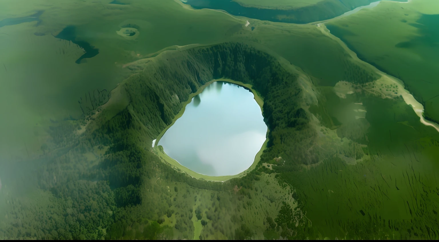 Aerial view of the lake surrounded by green hills and trees, Volcanic mouth, terraforming jezero crater, Lush craters, an island floating in the air, The reservoir, Look down at a huge crater, craters, mini lake, Small lake, in the middle of a lake, within a lake, Unbelievably beautiful, underground lake