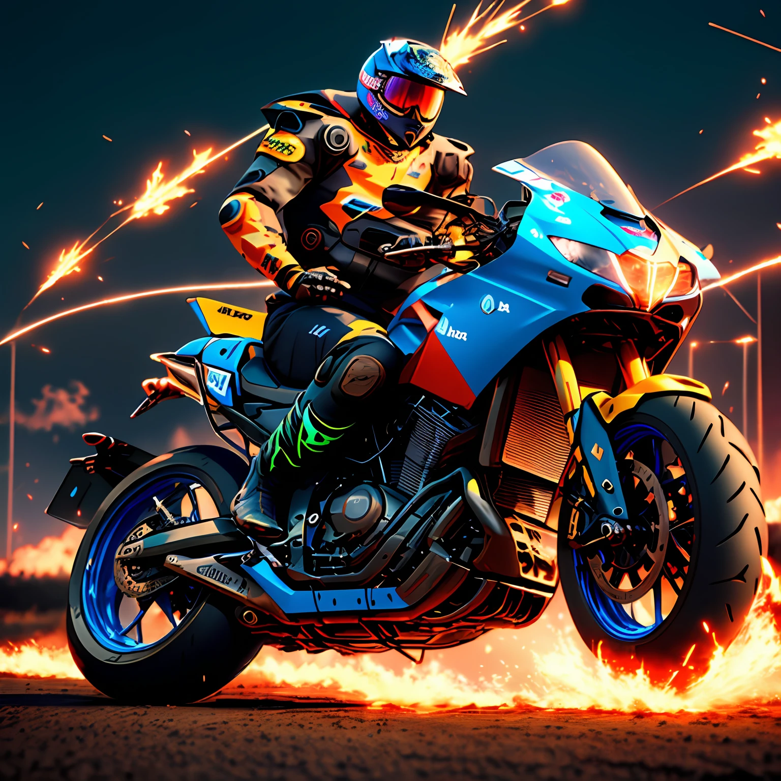 Moto racing，mechs，nighttime scene，Standard animation styles，Uniquely designed body，stunning detailed，sparks flying，Red and blue bright lights，Sense of speed，streamer