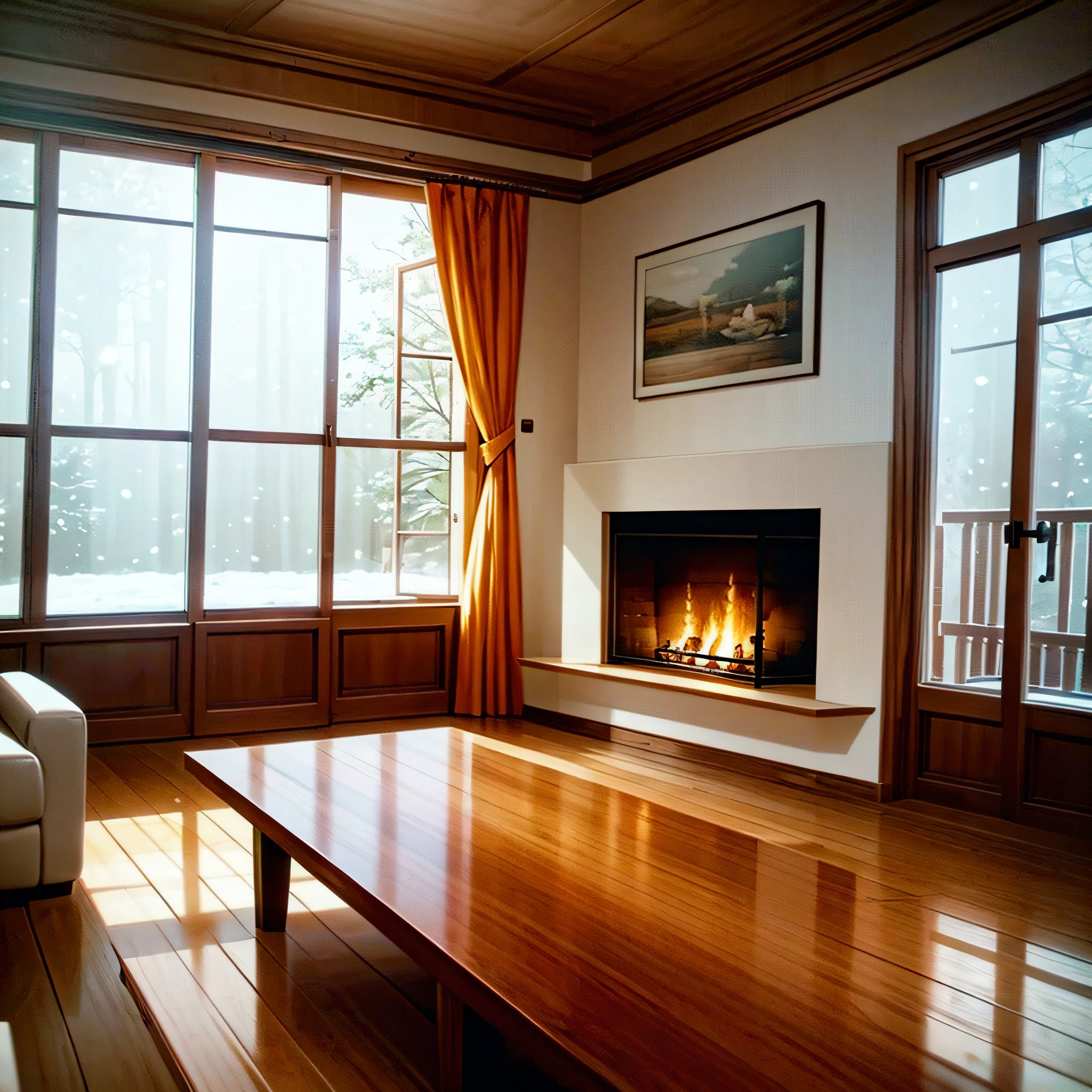 Living room with fireplace and large windows, cozy and peaceful atmosphere, Warm living room, warm interior, cozy living room, cozy room, cozy and calm, warm interior, warm beautiful scene, pleasant cozy atmosphere, , cozy environment,Cozy atmosphere, It was snowing outside the house --auto