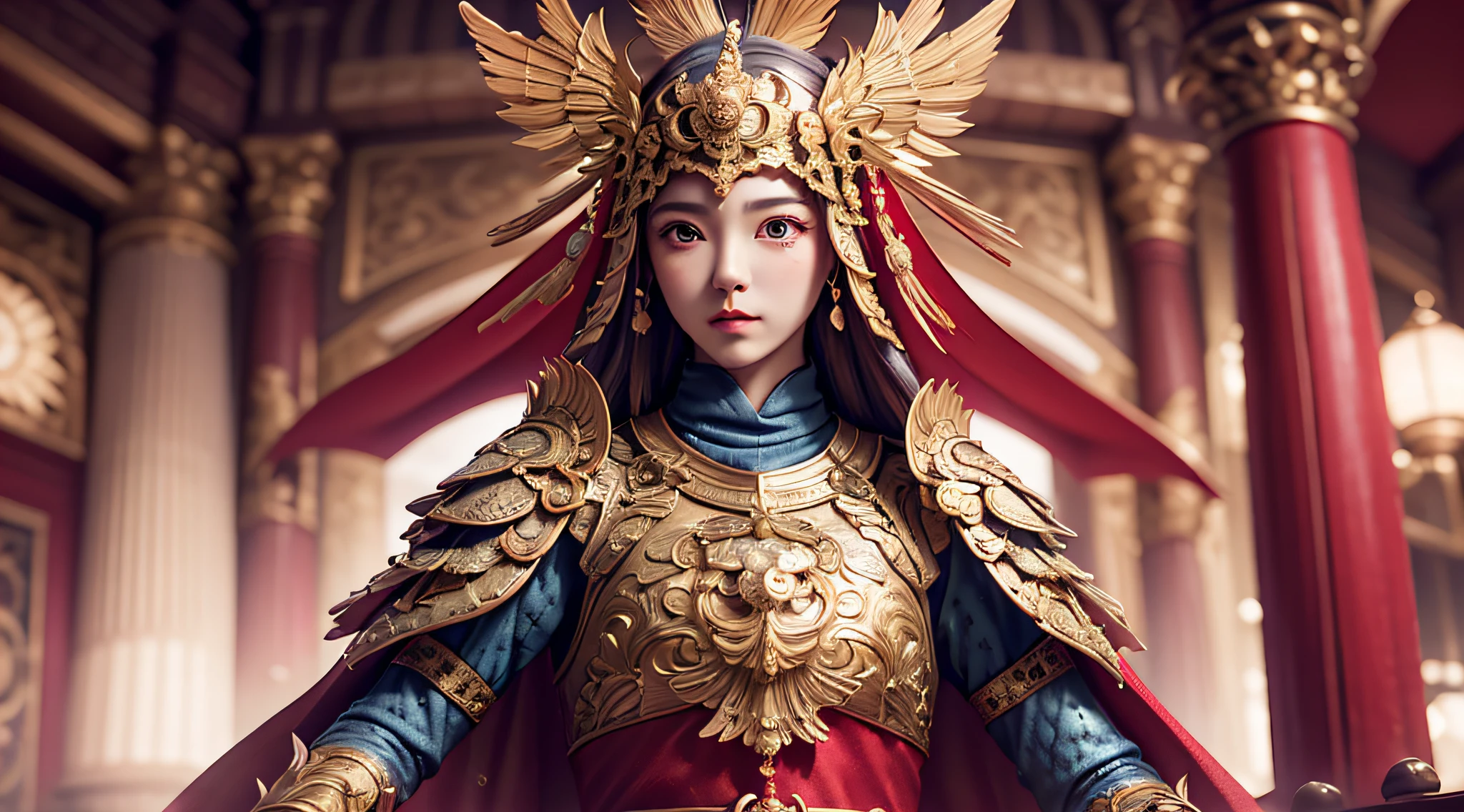 ((masterpiece))), (((best quality))), ((ultra-detailed)), (hyperrealistic), (highly detailed CG illustration), cinematic light, photorealistic ,extremely beautiful young lady, light makeup, intricate detailed eaba, red cape, spear