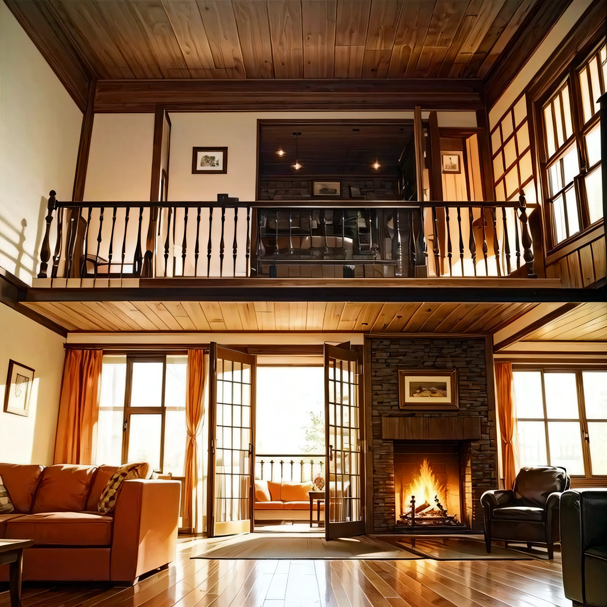 Living room with fireplace and large windows, cozy and peaceful atmosphere, Warm living room, warm interior, cozy living room, cozy room, cozy and calm, warm interior, warm beautiful scene, pleasant cozy atmosphere, , cozy environment,Cozy atmosphere, It was snowing outside the house --auto