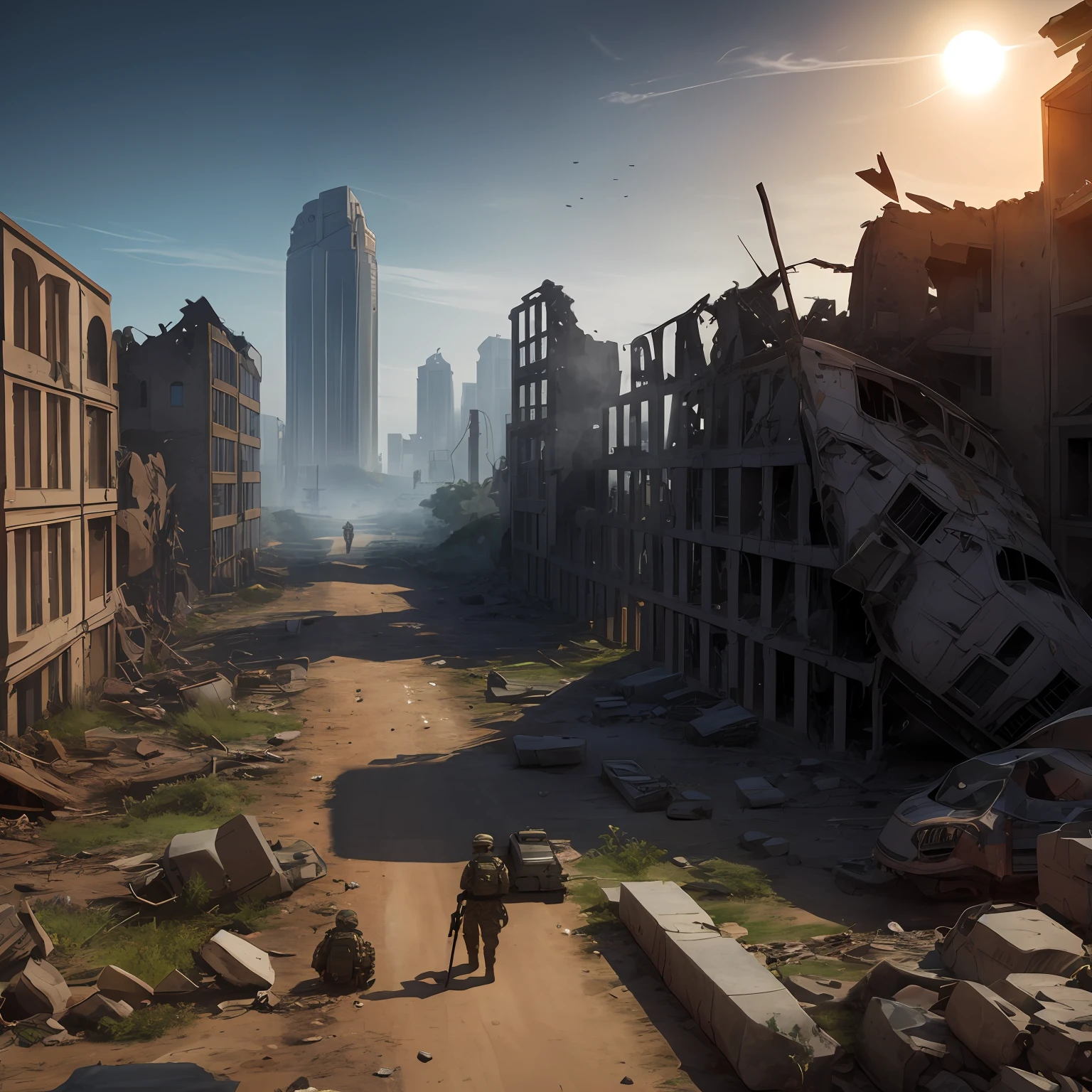 The army advances,horizon,zori,The dawn of dawn,city ruins,Mecha wreckage,The picture is dim(8k,RAW photos,Best Picture Quality,tmasterpiece:1.2),(fidelity,Realism:1.37), --auto