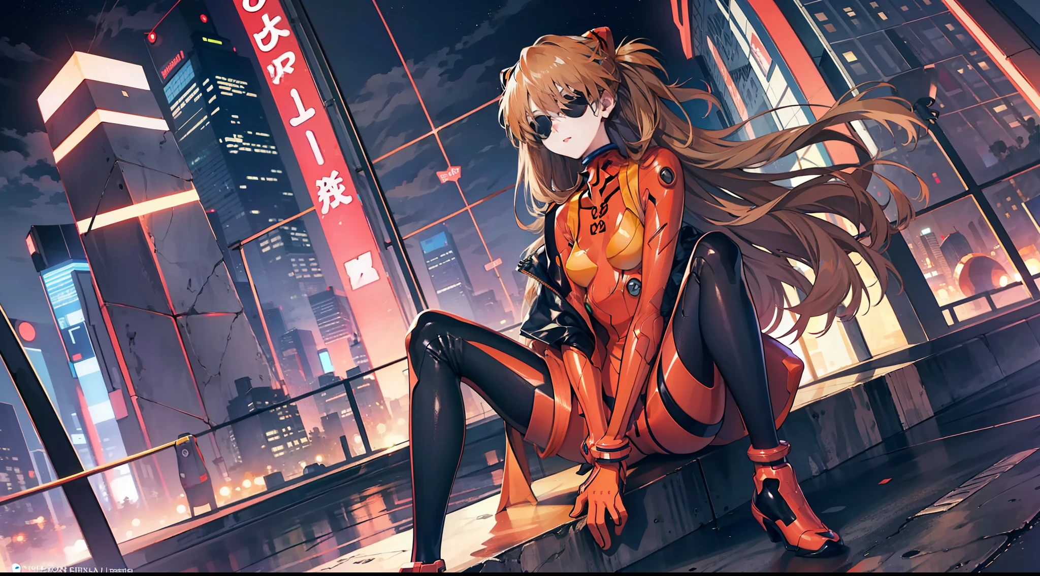 ((masterpiece,best quality, detailed)), full body, night, cityscape, souryuu asuka langley, interface headset, multicolored bodysuit, eyepatch