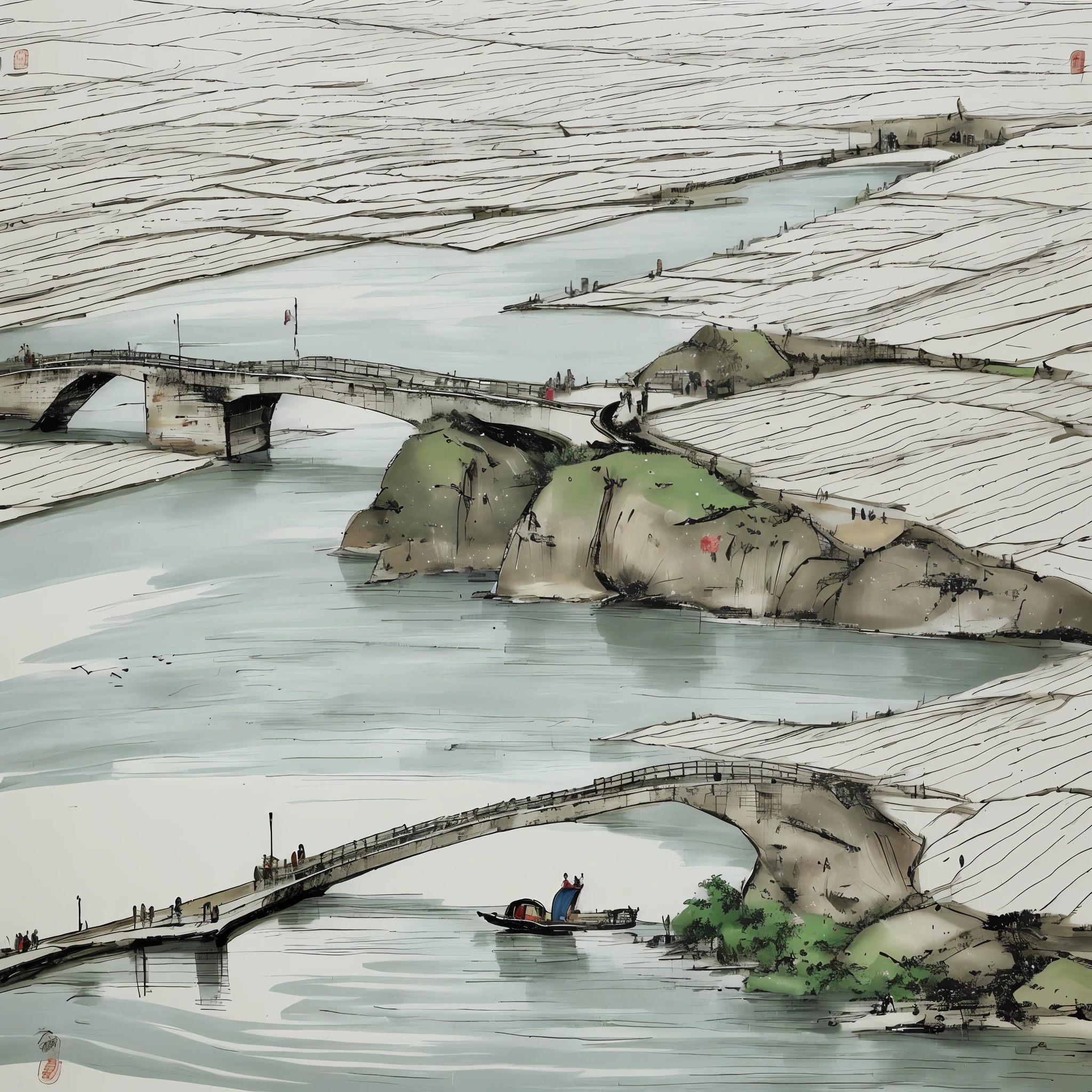 Rural China,Jiangnan Water Town,Vast fields,Hills in the distance,There is a low dwelling,Chinese-style small stone arch bridge,flowingwater,Pedestrians on the bridge