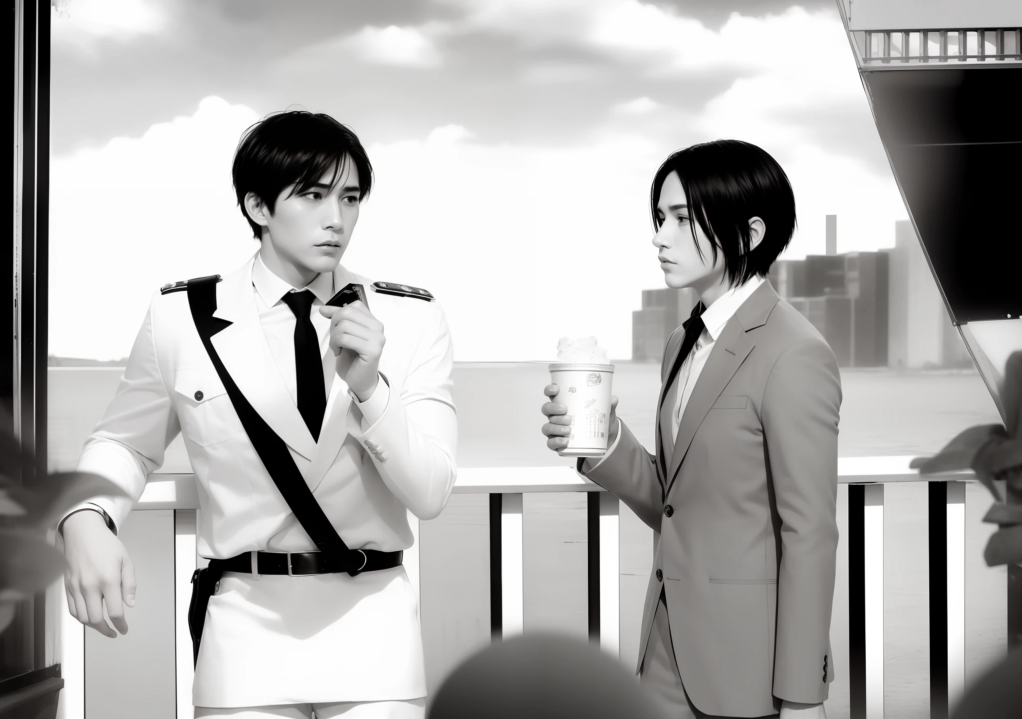 mejor calidad, obra maestra, (realista: 1.2), 1 hombre, Eren Jaeger, vida real, live-action, Vaqueros negros, brown-hair, cabello suelto, Cabello largo, Chad, GigaChad, masculino, blanco y negro