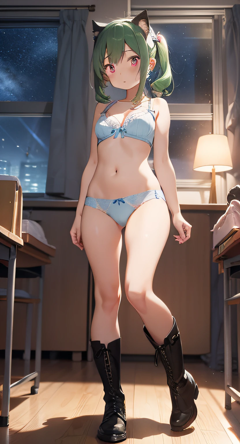 masterpiece, Best quality, 2girls, all fours, dutch angle, (green hair)+++, pink eyes, angry, hat, ponytail, cat ears, sash, boots, armband, earrings, zipper, starry sky, ((darkness)), night, light_Blue and White Underwear, ultra-small panties, Nudie, exposed shoulders, exposed thighs, only Underwear and bra, soft Underwear, Sexy, light_Blue and White bra, ultra-small bra, NuBra, extreamly detailed crotch, crotch line, standing, full body shot, medium breasts, classroom, (angle from below), looking_at_viewer, long_hair, Bangs, black_hair, Bow, ribbon on hair, Twin tails, hair_bow, Only wear bow on the head, Heart, Pink eyes, Pink theme, full-face blush, troubled eyebrows