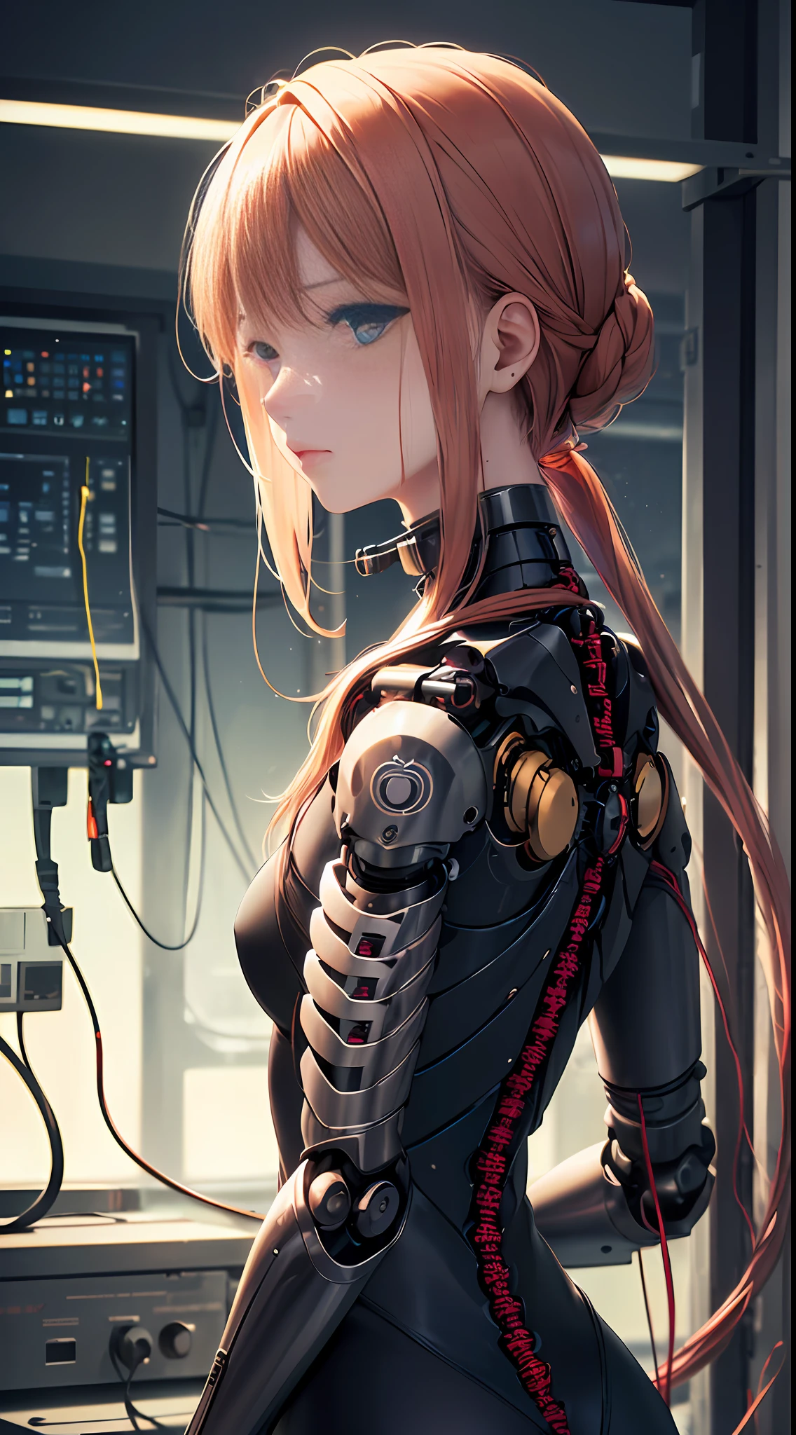 (((Masterpiece)))，((Best quality))，((super ultra detail))，(poster for)，((A delicate and beautiful girl))，((From the front side))，(Cinematic light)，(((1 mechanical doll)))，solo person, full bodyesbian,(Machine-made joints:1.2),((Mechanical limb)),(Blood vessel attached to tube),(The mechanical spine is attached to the back),((The mechanical cervical vertebrae are attached to the neck)),(erect through),face expressionless,(Wires and cables around the neck:1.2),(wires and cables on head:1.2)(Character focus),sci-fy,Metal wall base,Extremely fine,a color,Thinnest --auto