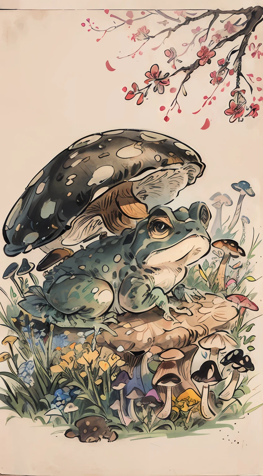 Toad with flowers and mushrooms，（The back of the toad is covered with mushrooms and flowers），Behind the toad are all flowers and mushrooms，Ink illustration，Ink style painting on vintage paper