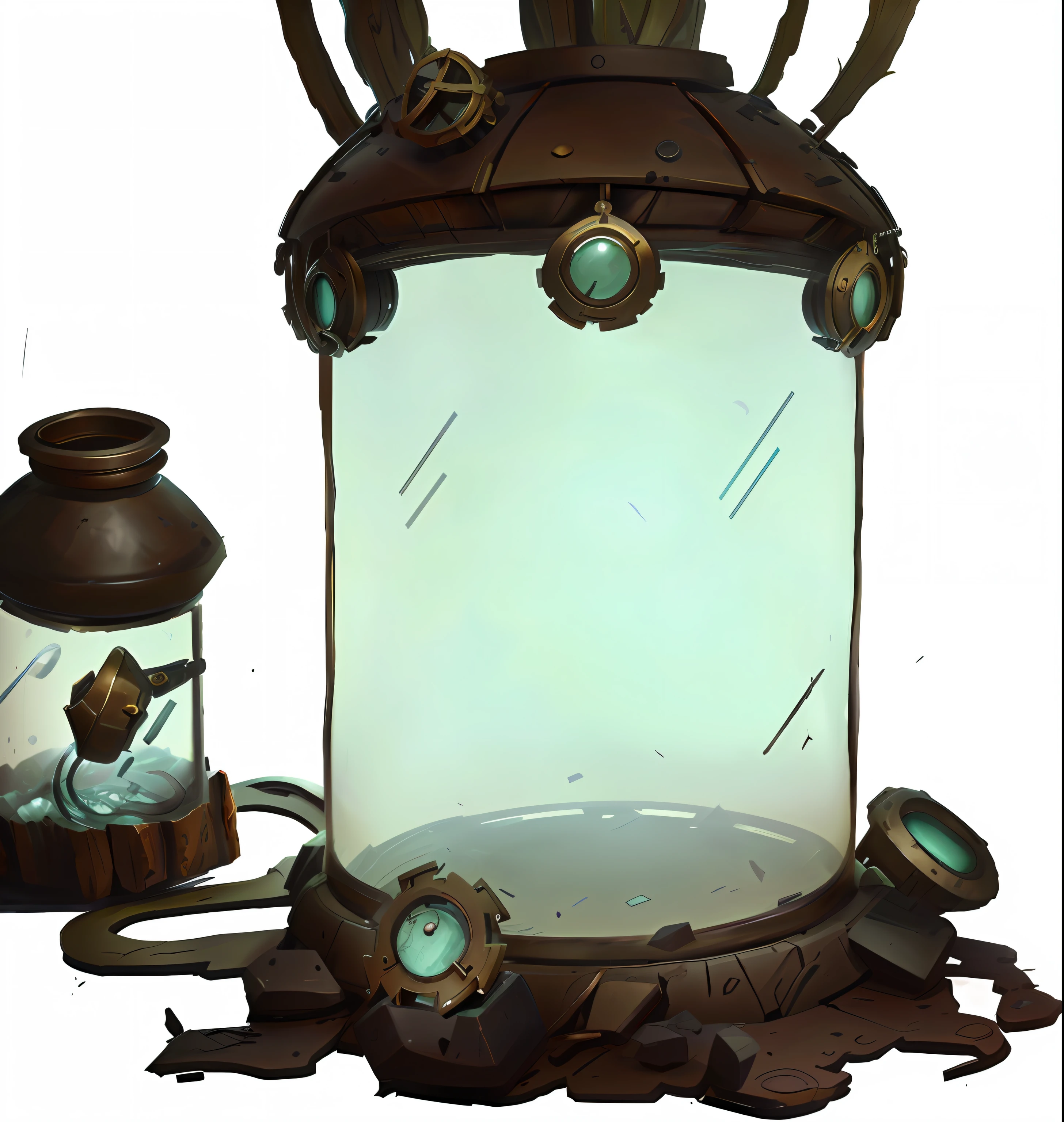 Biotech glass jar,hyperdetailed scp artifact jar, arte de fundo, Steampunk bio-installation, graphic of enchanted terrarium, concept-art, concept piece, random background scene, object concept art, magic lab background, fantasy alchemist laboratory, alchemical equipment, mysterious laboratory, potion, prop design