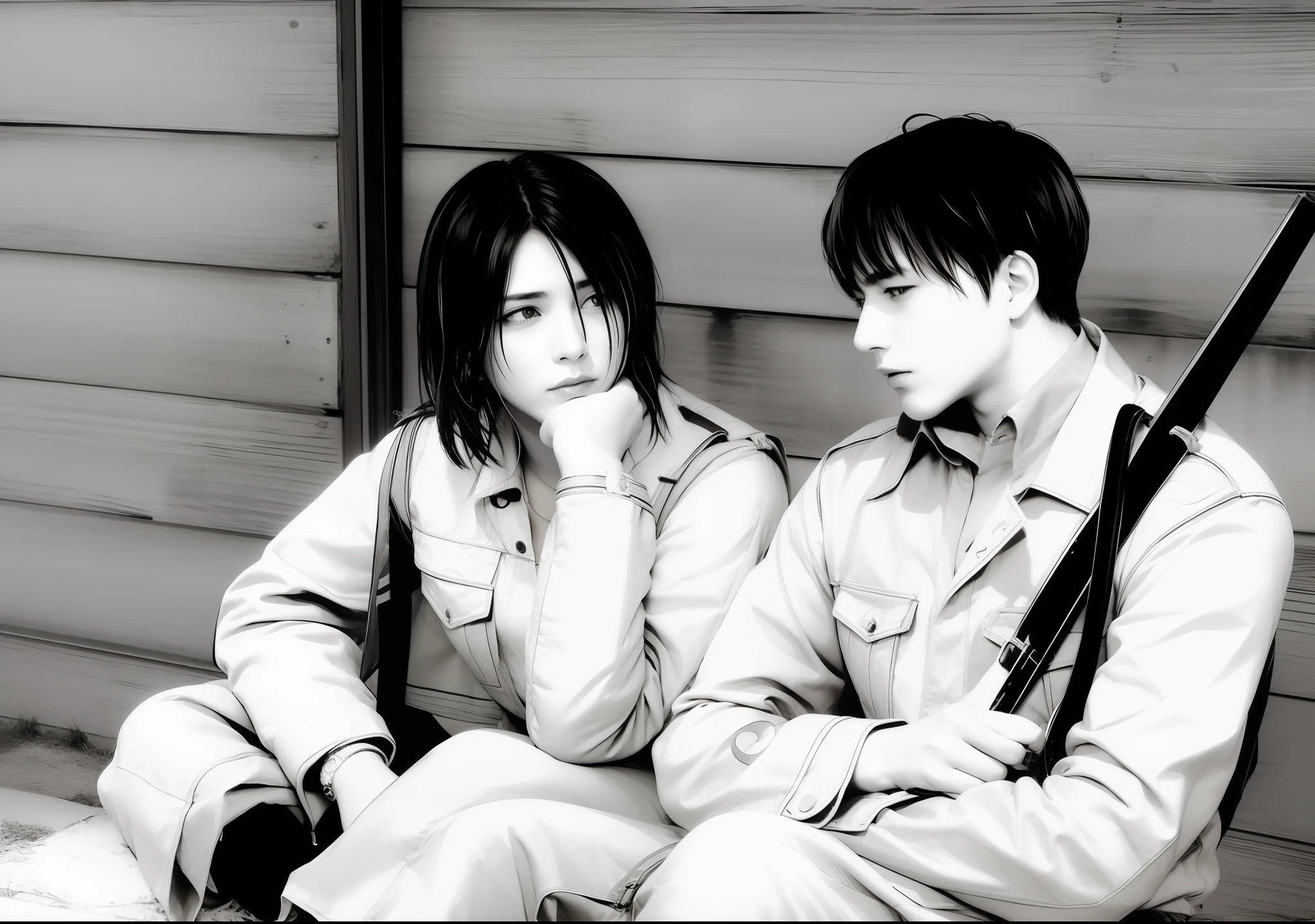 mejor calidad, obra maestra, (realista: 1.2), 1 hombre, Eren Jaeger, vida real, live-action, Vaqueros negros, brown-hair, cabello suelto, Cabello largo, Chad, GigaChad, masculino, black and white