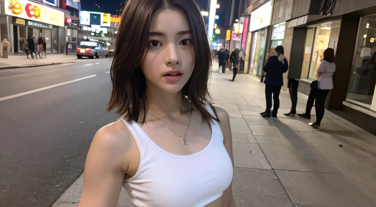 ((Realistic lighting, Best quality, 8K, Masterpiece: 1.3)), Clear focus: 1.2, 1girl, Perfect Figure: 1.4, Slim Abs: 1.1, ((Dark brown hair)), (White crop top: 1.4), (Outdoor, Night: 1.1), City streets, Super fine face, Fine eyes, Double eyelids,