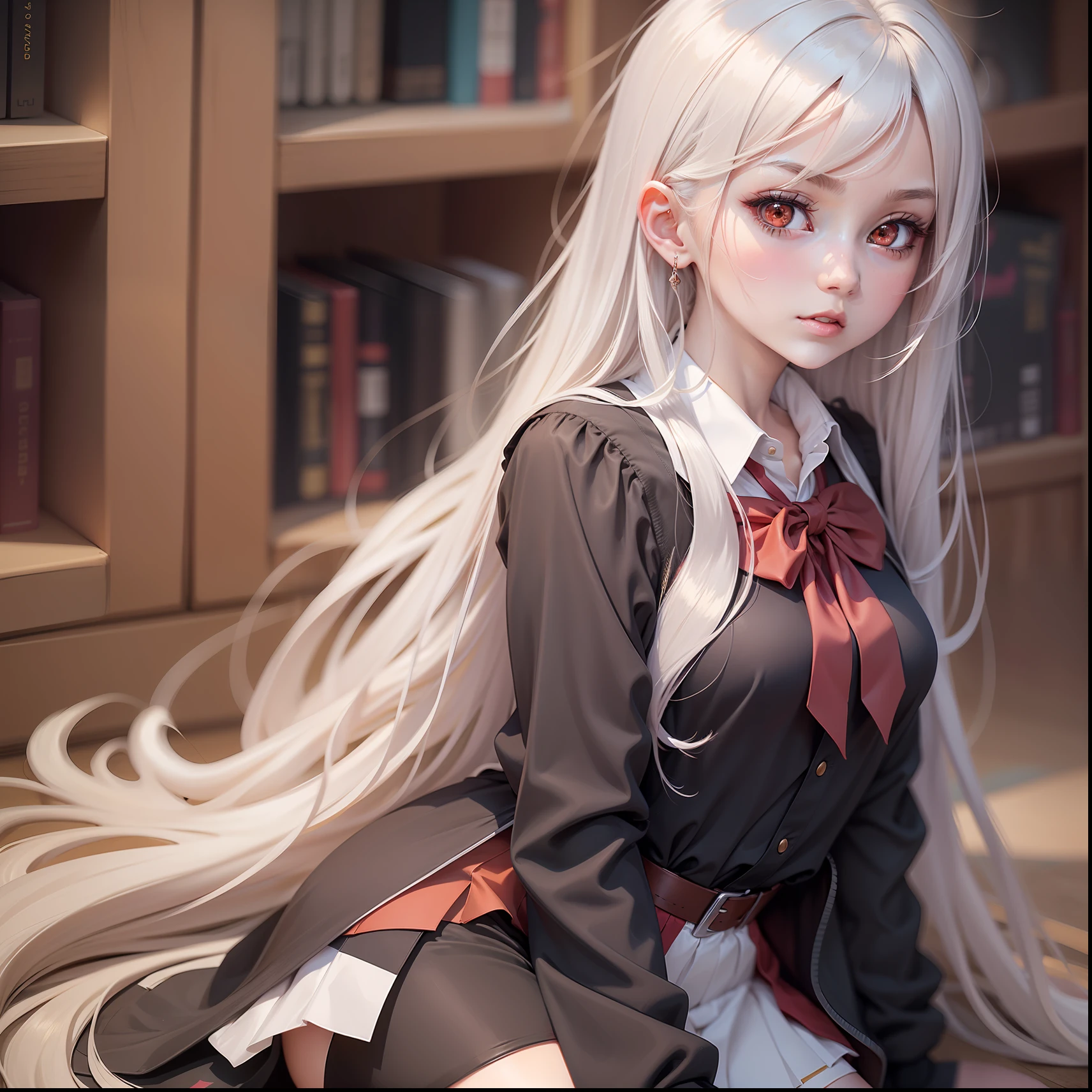 Anime girl with long white hair and red eyes in school uniform, anime best girl, anime moe art style, anime visual of a cute girl, Beautiful Anime High School Girls, nagatoro, female anime character, up of young anime girl, extremely cute anime girl face, as an anime character, anime figure, Anime girl with long hair handsome royal sister has dull hair
