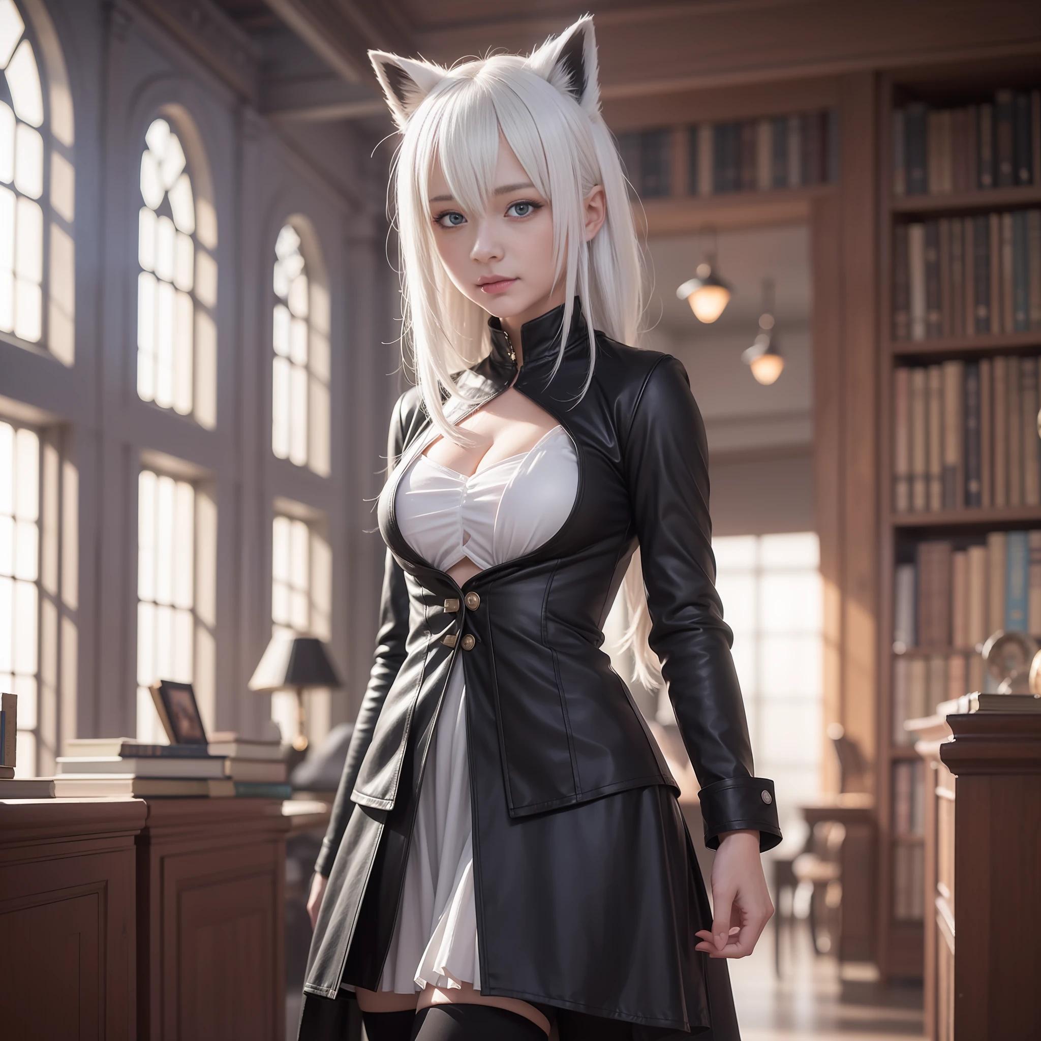 (masterpiece), (best quality), photorealism, realistic, ultra detailed, 8k resolution, (1girl), solo, beautiful, white hair, shirakami fubuki, front light, cinematic light, cold light, library , cosplay, shirakami fubuki cosplay, vtuber, indoor, mystery, fantasy