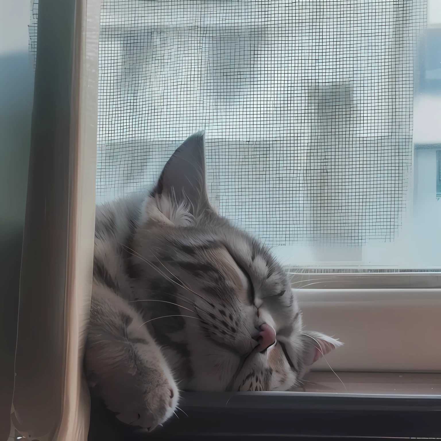 There was a cat sleeping on the windowsill, The cat slept on the window, he is very relaxed, cats sleeping, nearly napping, resting on a tough day, Close to the window, next to a big window, relaxing after a hard day, very sleepy and shy, Sleepy expression, next to a window, Look tired, peaceful expression, Sleepy eyes