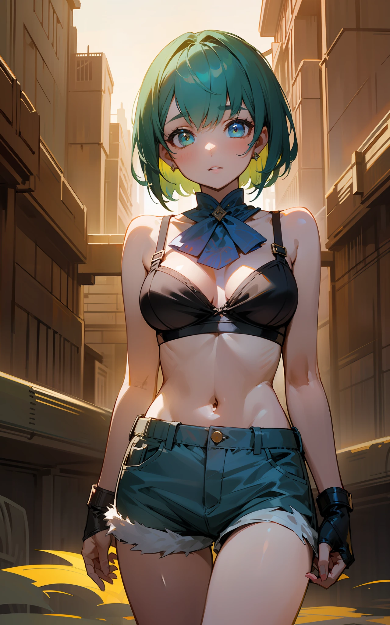 top-quality、hight resolution、detaileds, Desert People、Girl in bra top and shorts、Inside the city at night、Green Shortcut Hair、Fantasy World、Holding a dagger、Dark indoor、