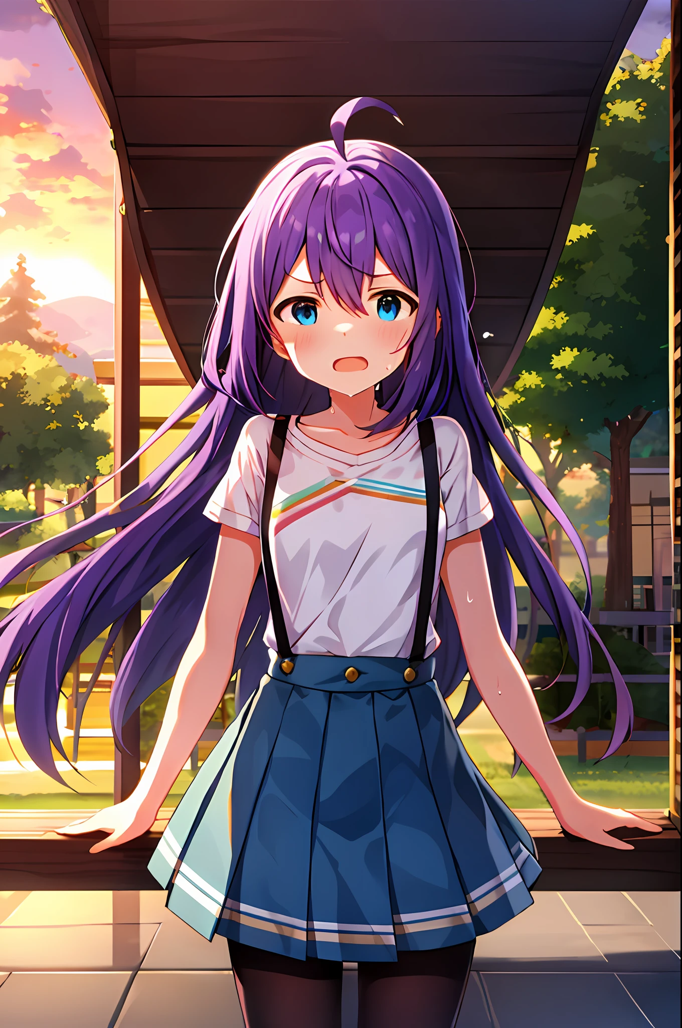 mochizuki anna,1girl in,Solo,Long hair,Purple hair,Medium chest.Ahoge,Blue eyes.Short stature.white t-shirts.suspenders.Skirt.Evening glow.the setting sun..Despair face.Sweat.Opening Mouth.clench your fists.up chest.