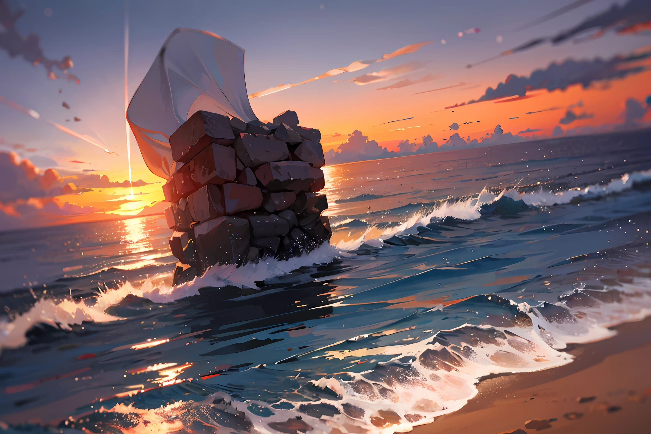 the setting sun,the sea