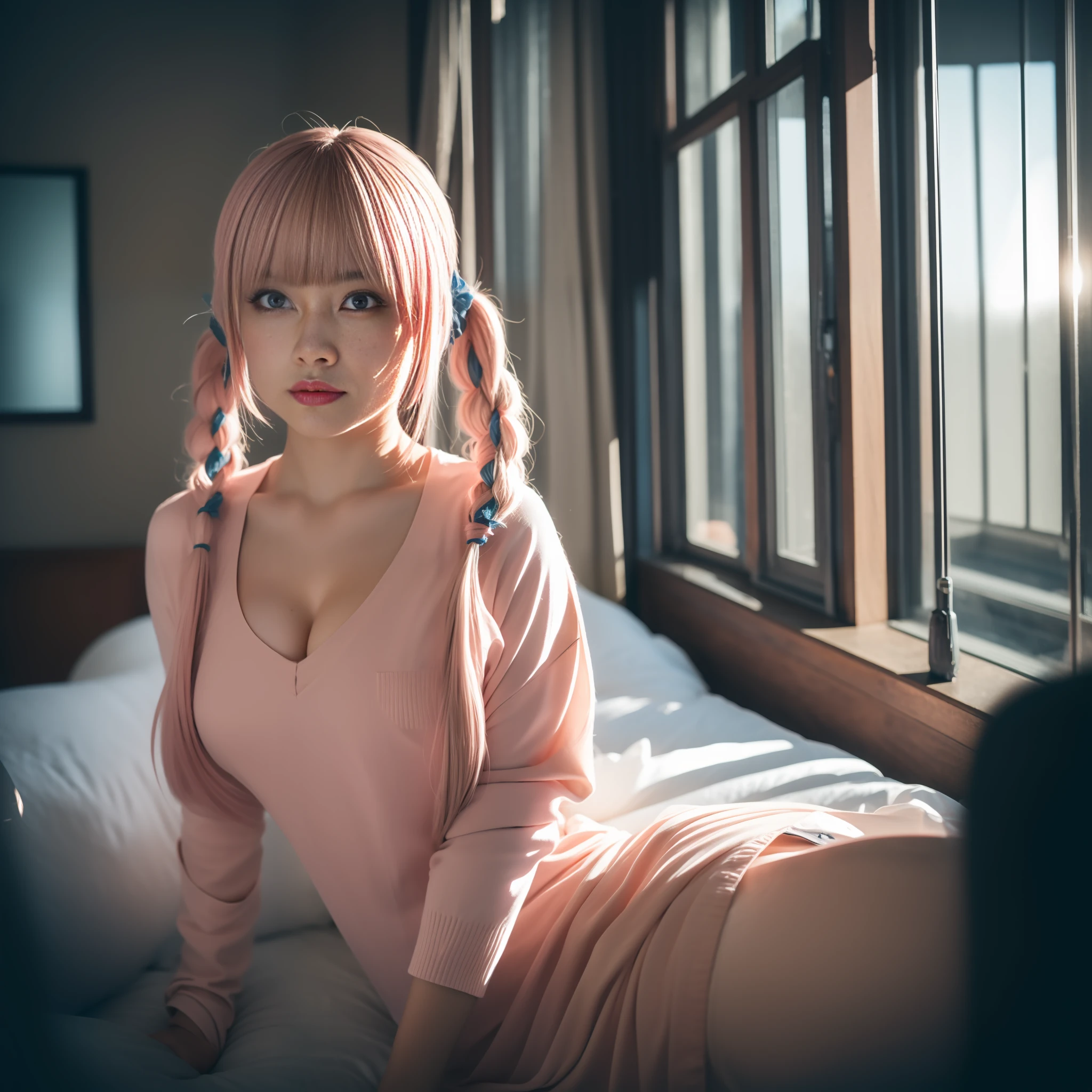 (masterpiece), (best quality), photorealism, realistic, ultra detailed, 8k resolution, (1girl), solo, beautiful, pink twintail hair, blue highlight hair, minato aqua, front light, cinematic light, cold light, cosplay, minato aqua cosplay, vtuber, indoor, bedroom