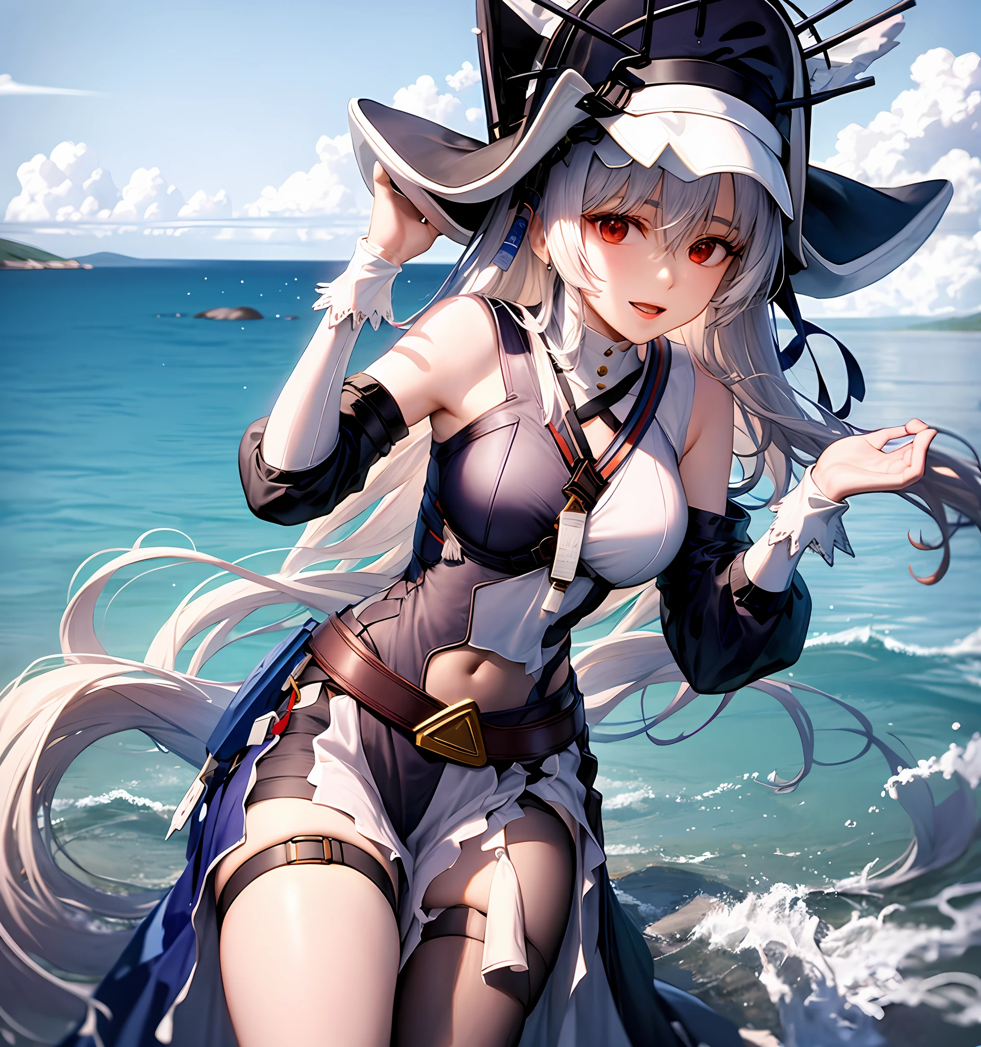Haruko Akagi upper body wearing a hat wearing a suspender background of the sea