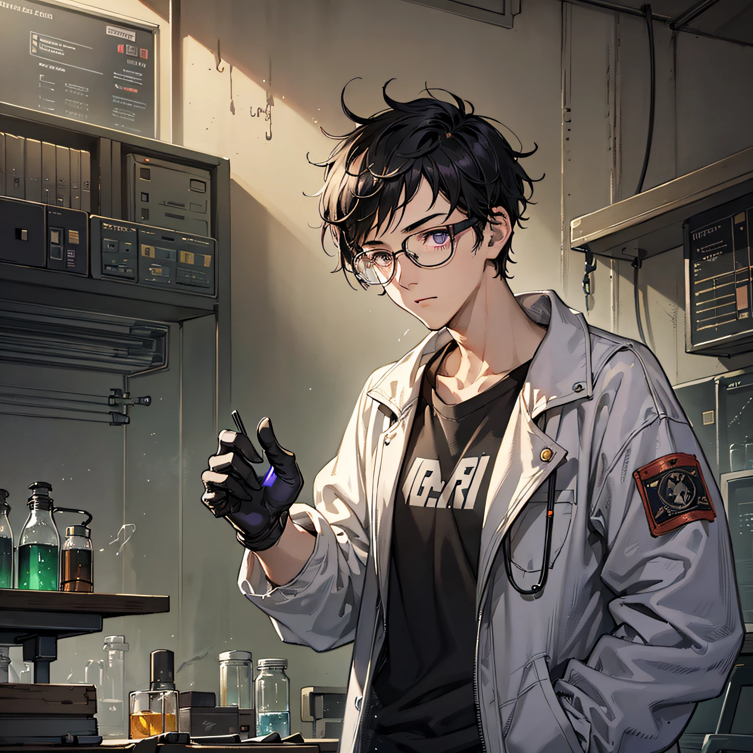 ((Best picture quality+tmasterpiece),the scientist),(Laboratory Background),(Holding an Erlenmeyer flask in his left hand),(Square glasses),(Black eyes+whaite hair+Asymmetrical bangs),Anime figure ,Male Figures --auto
