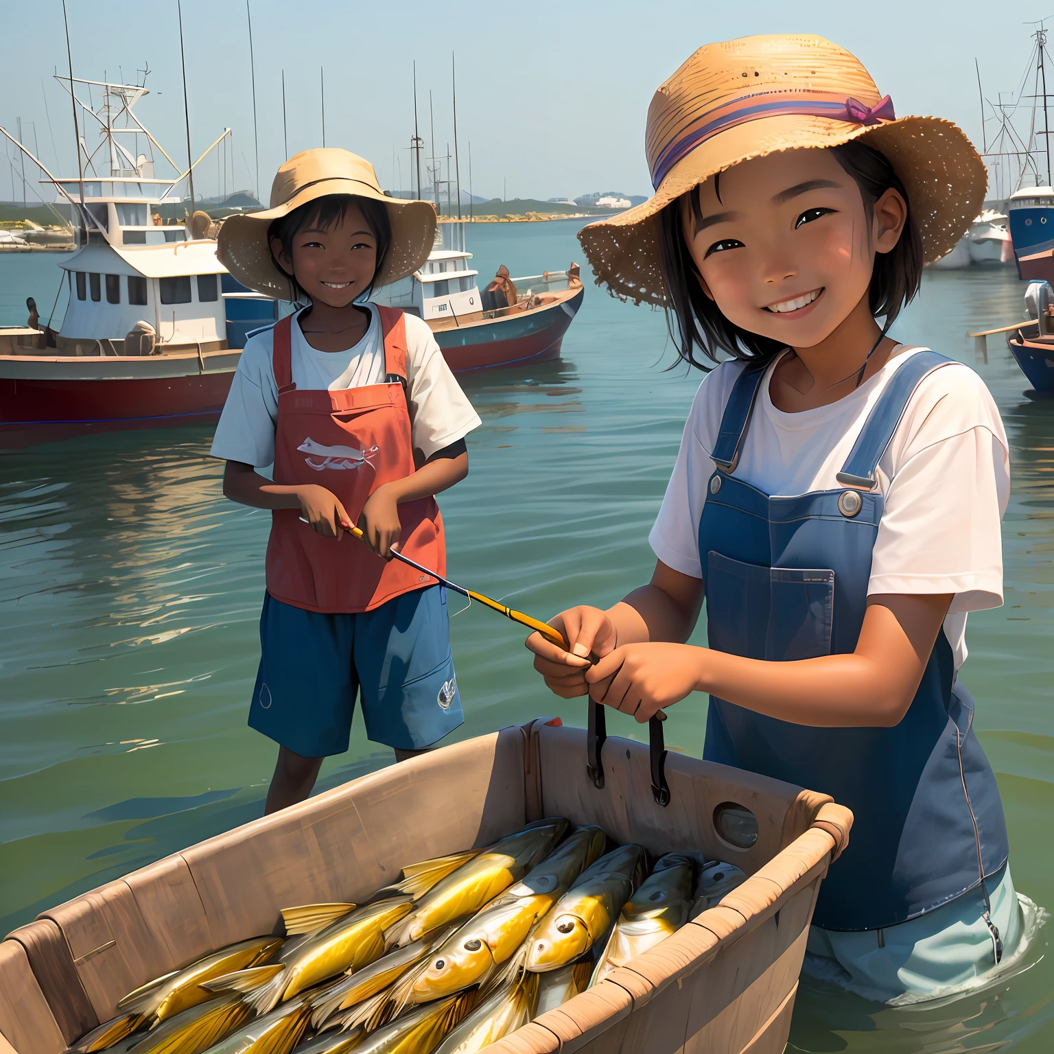 Fishing port Trade a lot of fish and shrimp Fishermen Smiling little girl