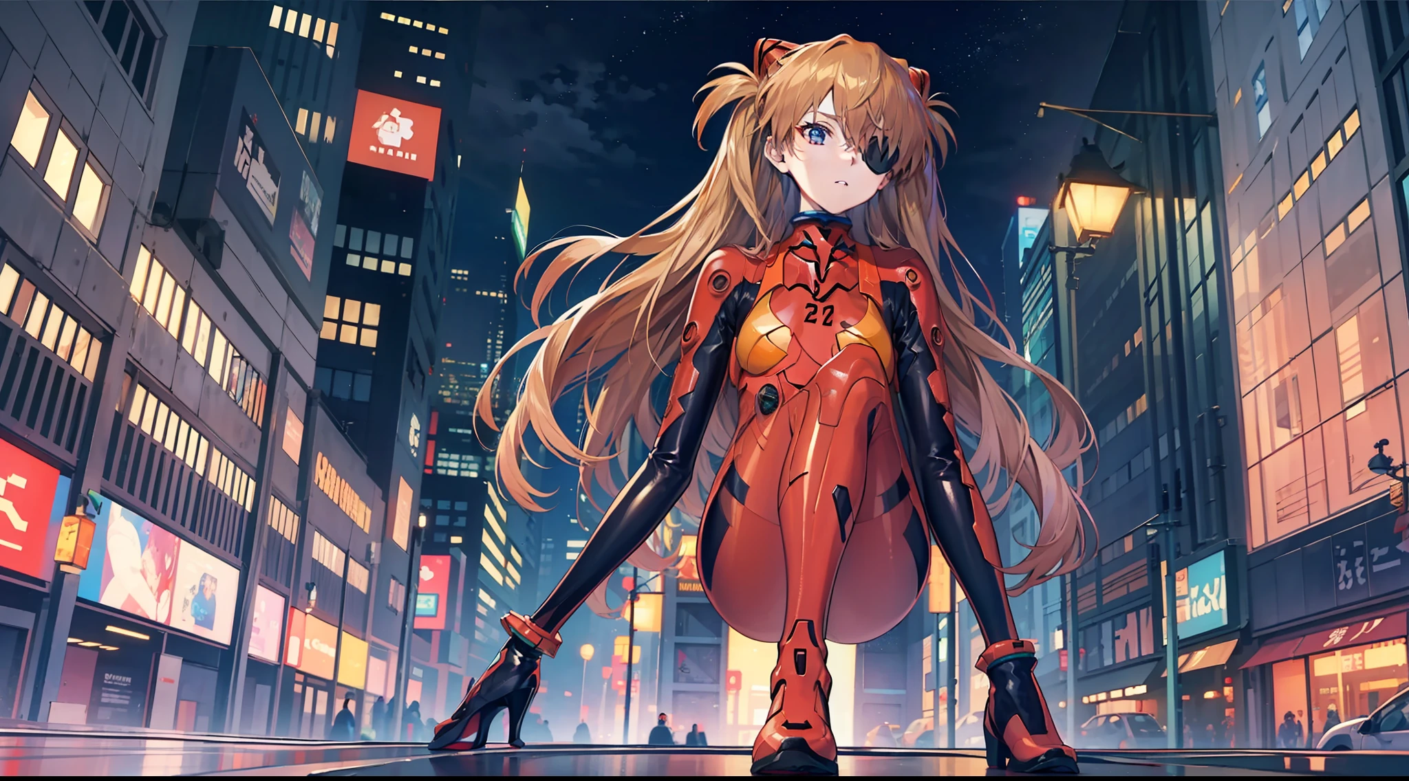 ((masterpiece,best quality, detailed)), full body, night, cityscape, souryuu asuka langley, interface headset, multicolored bodysuit, eyepatch